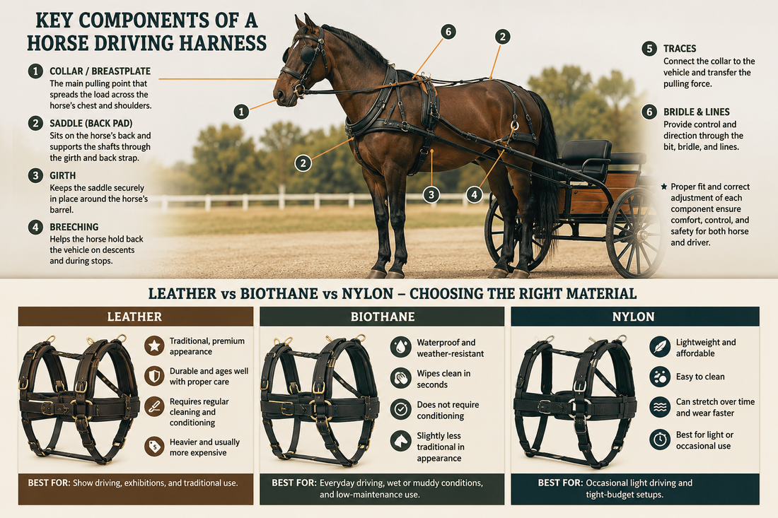 Horse driving harness guide showing key harness components including collar, saddle, girth, breeching, traces, and bridle, plus a comparison of leather, biothane, and nylon horse harness materials