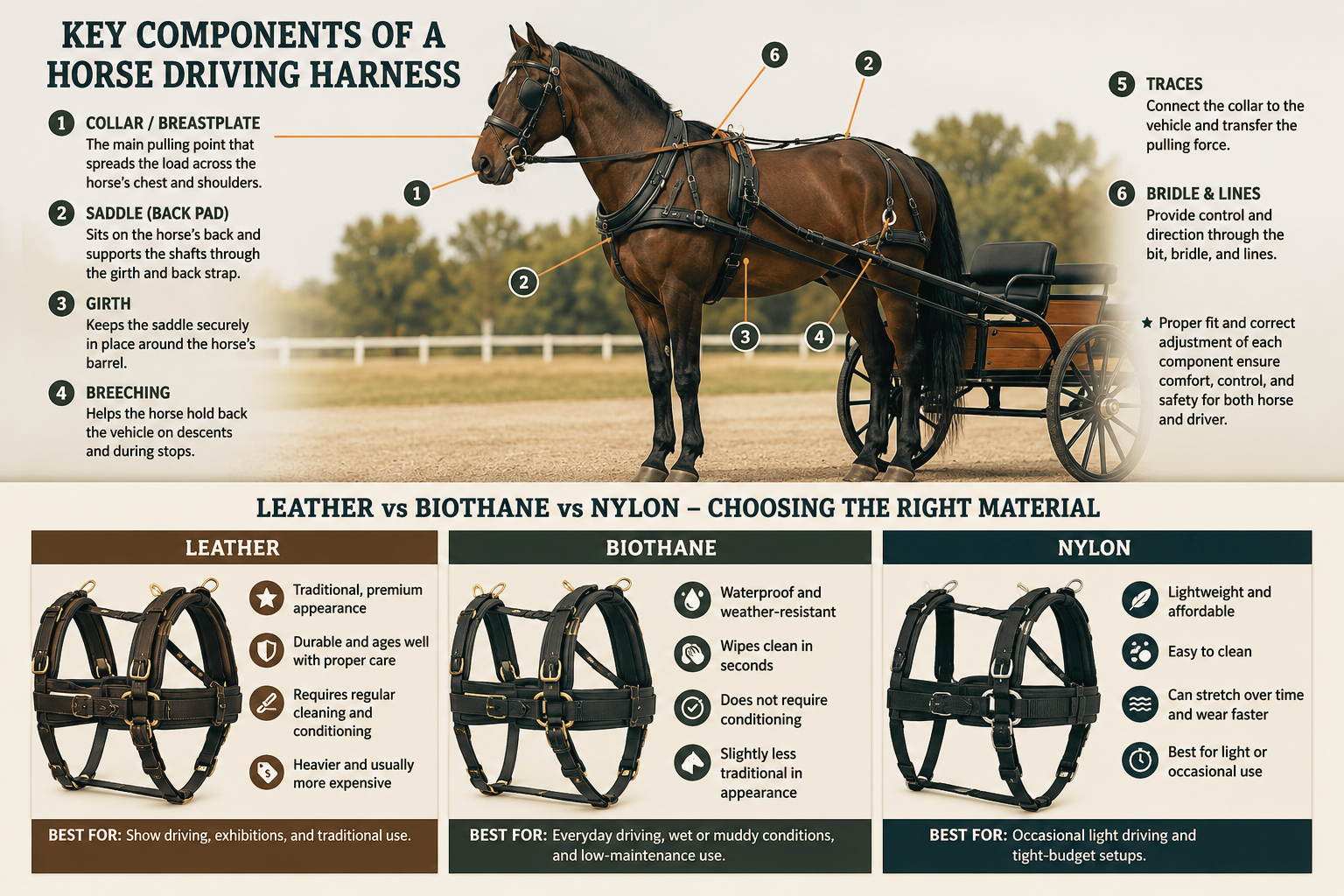 Horse driving harness guide showing key harness components including collar, saddle, girth, breeching, traces, and bridle, plus a comparison of leather, biothane, and nylon horse harness materials