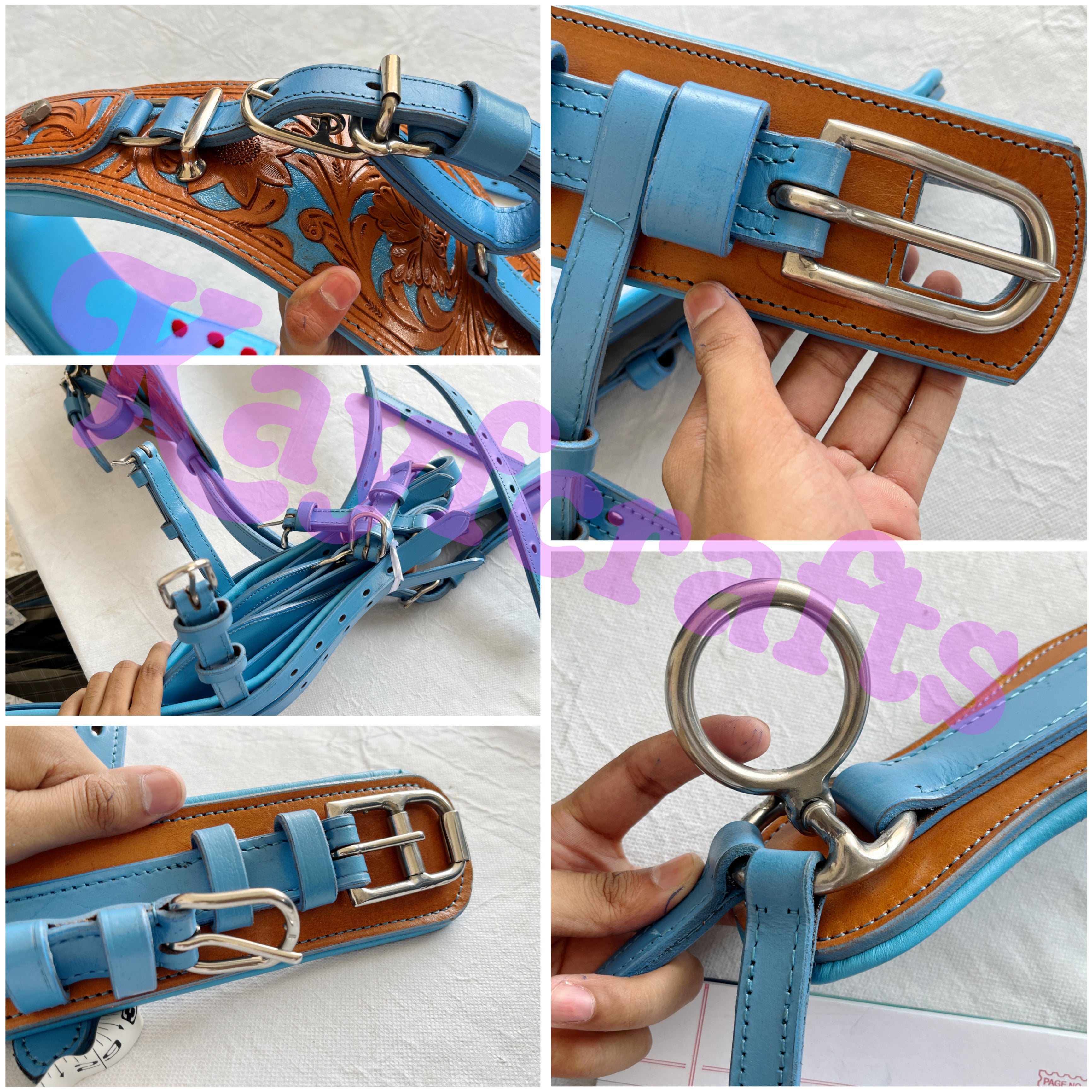 Blue & Natural Leather Single Horse Driving Harness Set – Soft Cushioned Padding