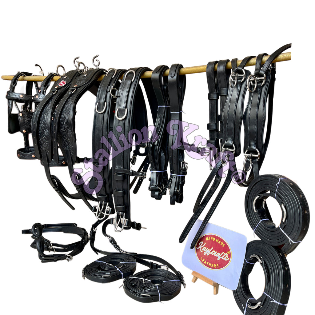Team Pair Carriage Harness Full Grain Oiled Black Leather Horse Driving Harness