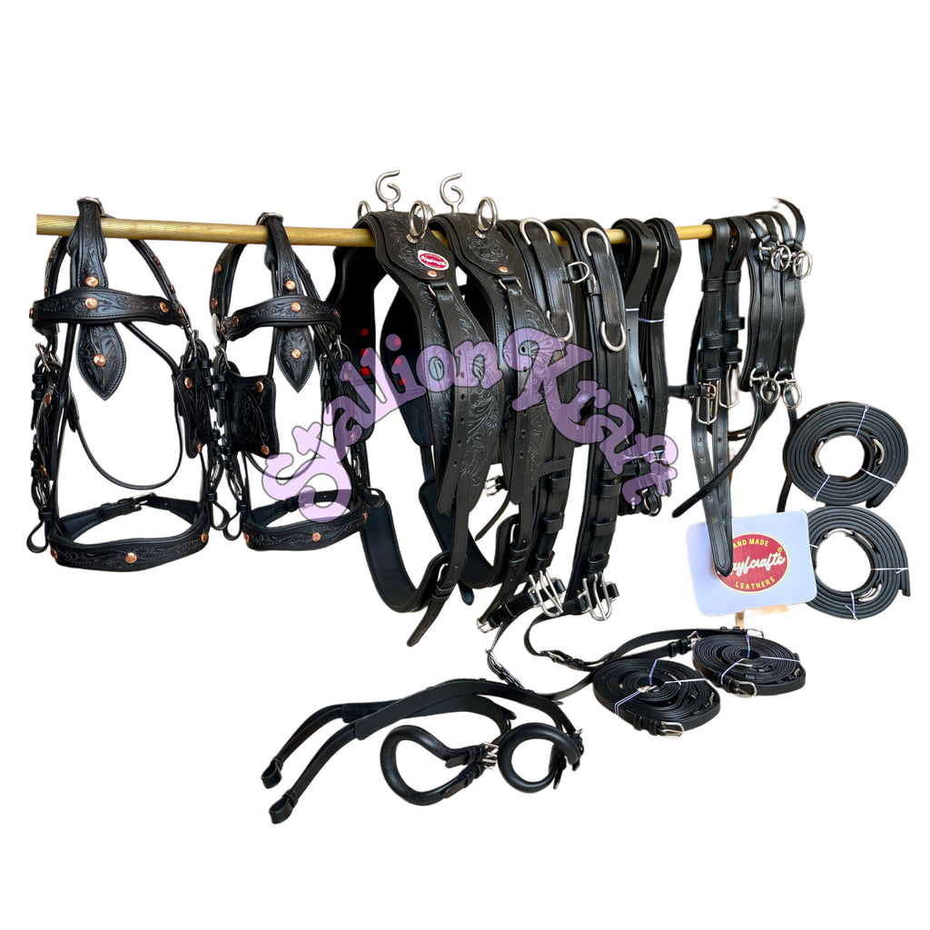 Premium Full Grain Black Leather Team Horse Driving Harness  Dual Horse Carriage Harness with Anatomical French Collar