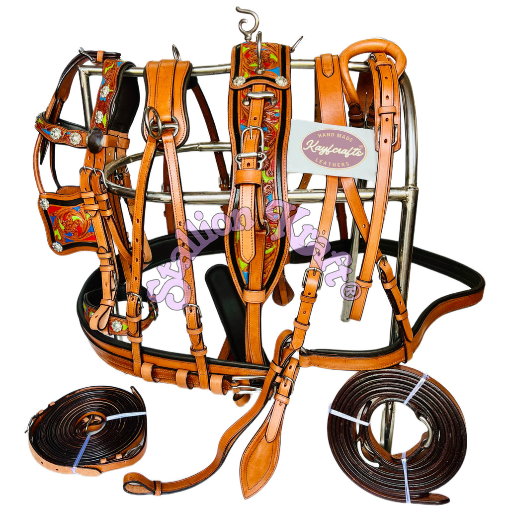 Handcrafted Full Grain Leather Tri Color Horse Driving Harness for Carriage, Buggy and Single Horse Cart Driving