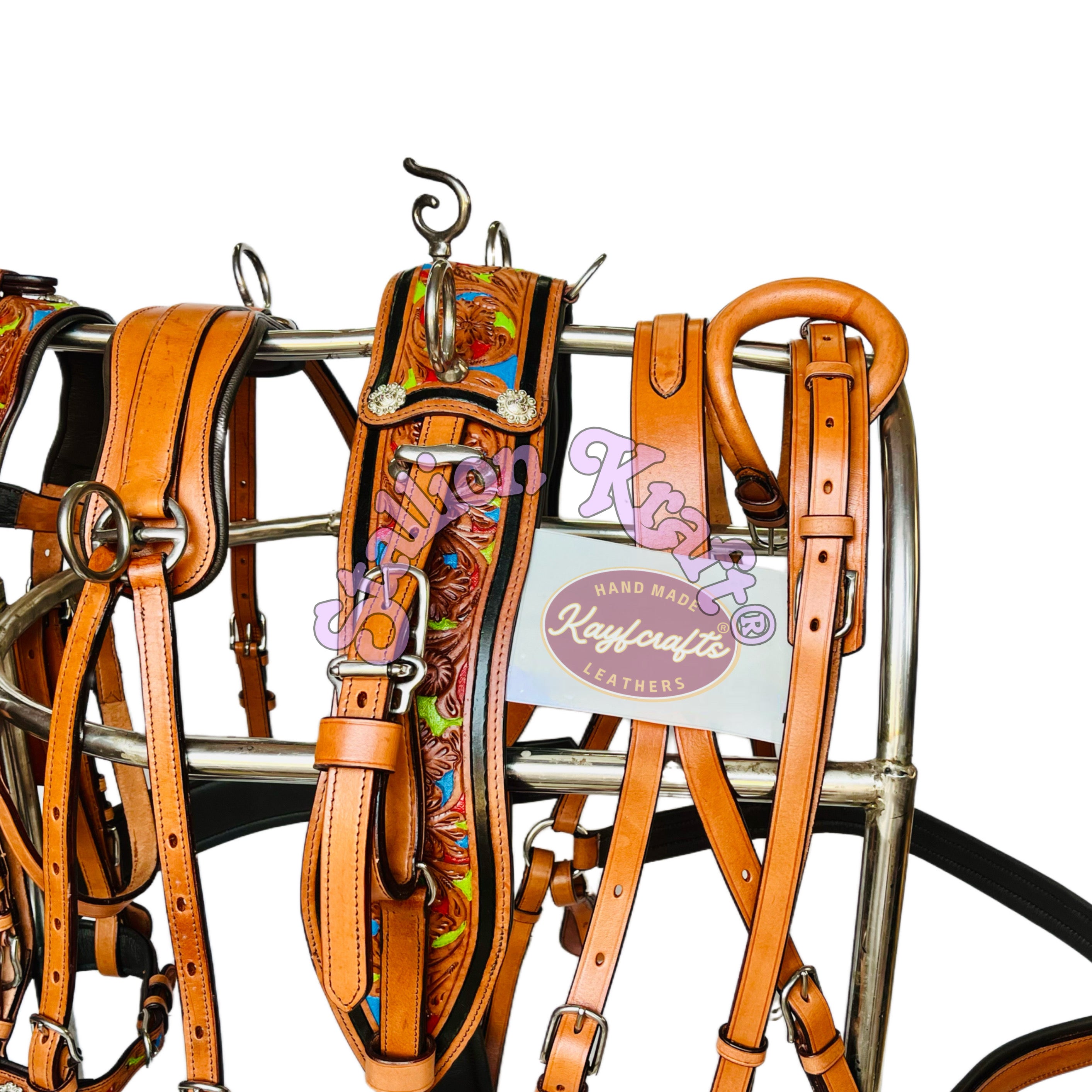 Handcrafted Full Grain Leather Tri Color Horse Driving Harness for Carriage, Buggy and Single Horse Cart Driving