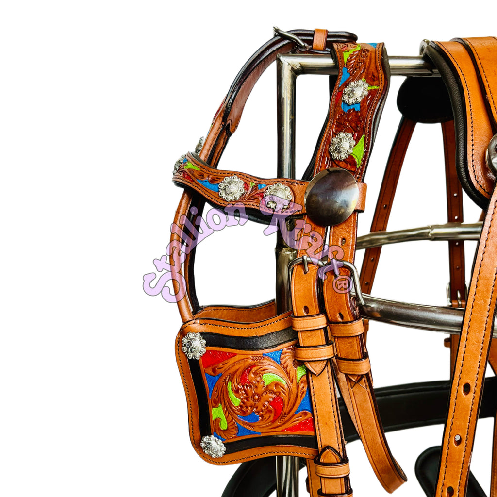 Handcrafted Full Grain Leather Tri Color Horse Driving Harness for Carriage, Buggy and Single Horse Cart Driving