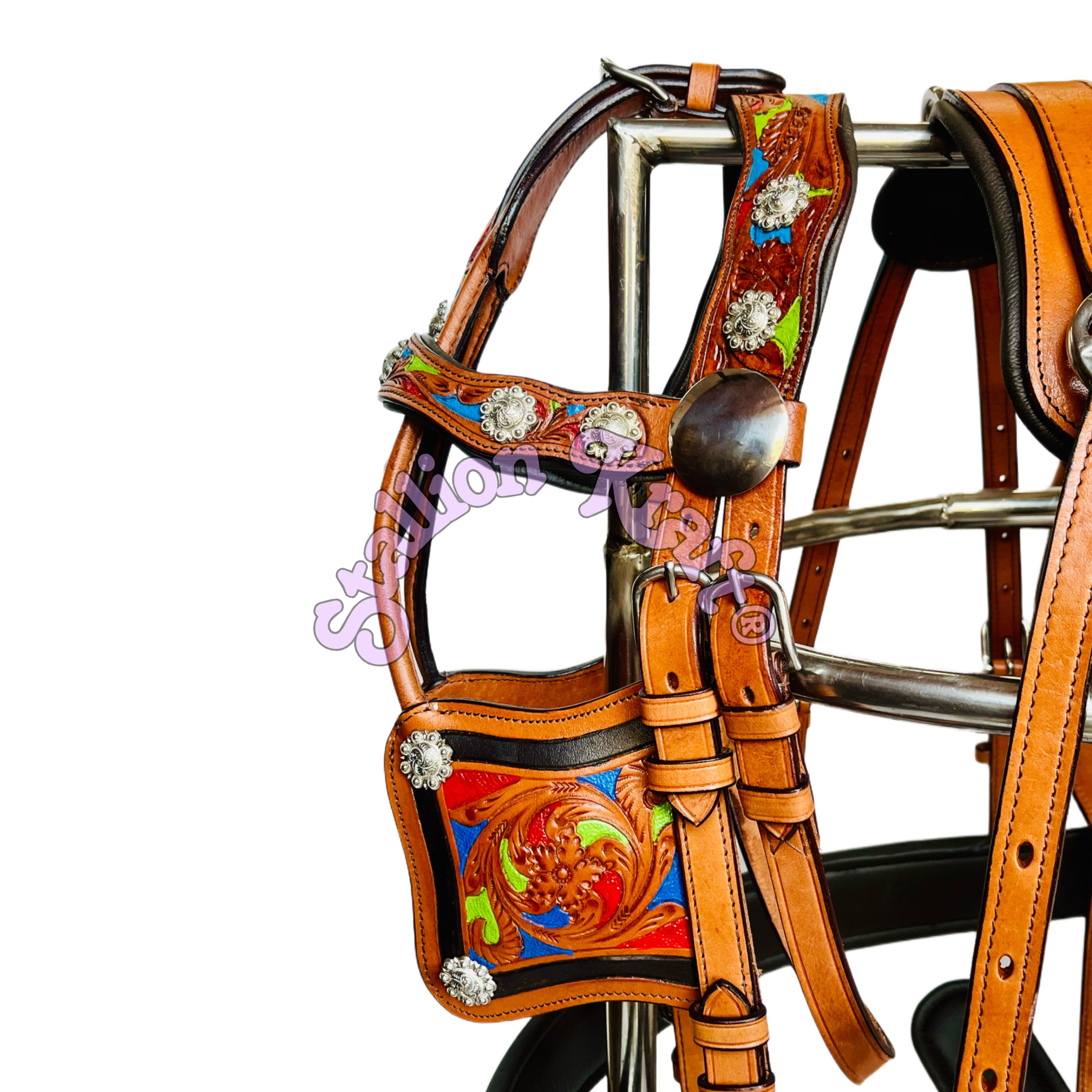 Handcrafted Full Grain Leather Tri Color Horse Driving Harness for Carriage, Buggy and Single Horse Cart Driving