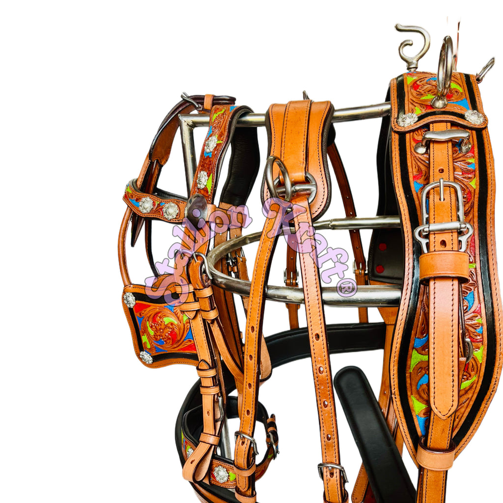 Handcrafted Full Grain Leather Tri Color Horse Driving Harness for Carriage, Buggy and Single Horse Cart Driving