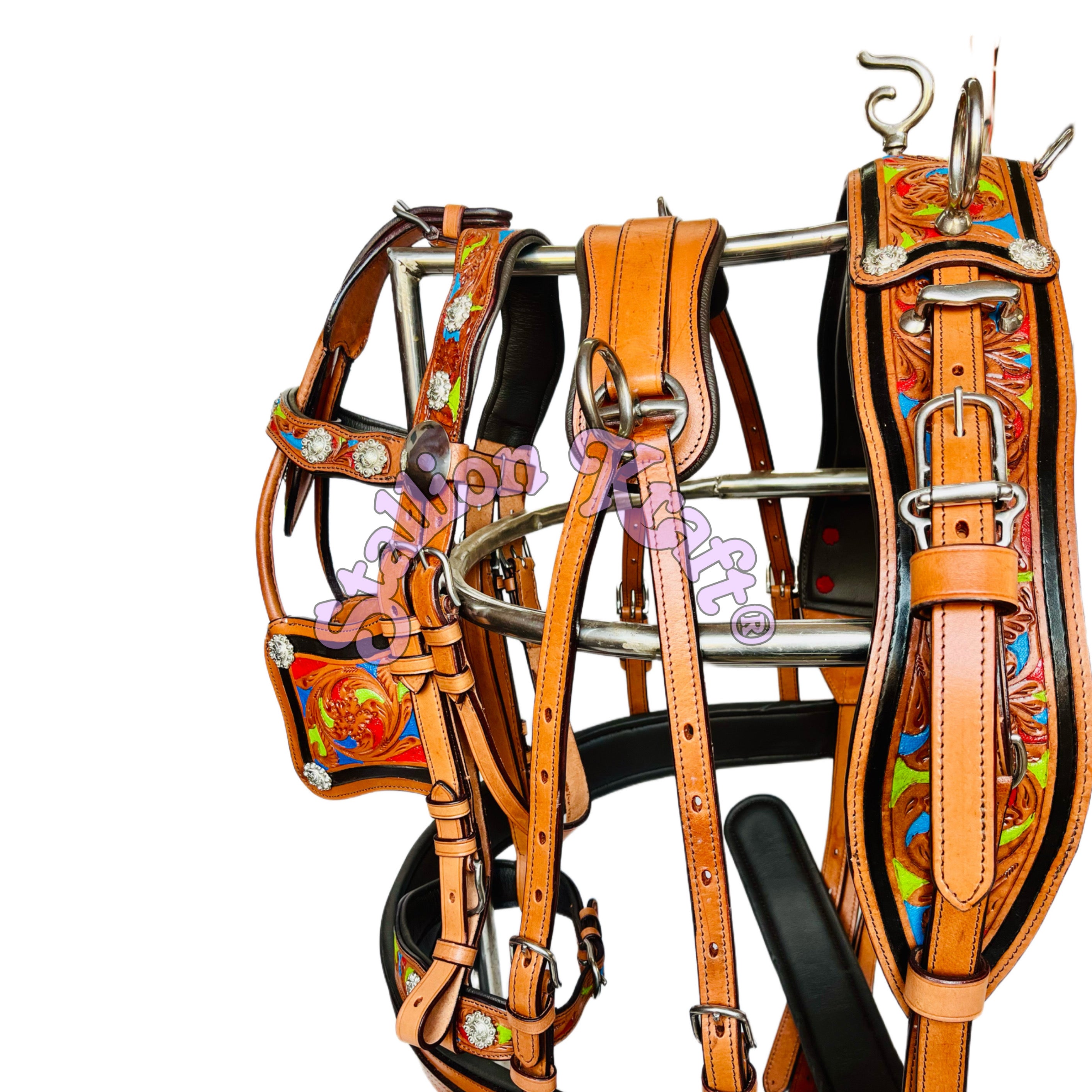 Handcrafted Full Grain Leather Tri Color Horse Driving Harness for Carriage, Buggy and Single Horse Cart Driving