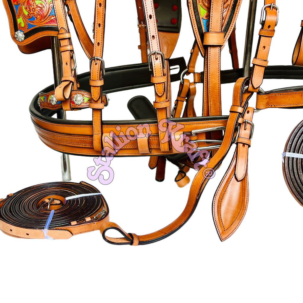 Handcrafted Full Grain Leather Tri Color Horse Driving Harness for Carriage, Buggy and Single Horse Cart Driving