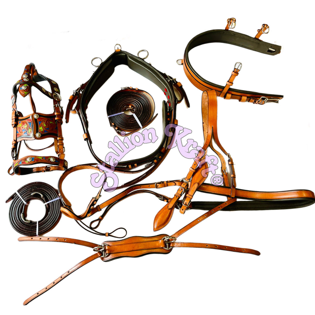 Handcrafted Full Grain Leather Tri Color Horse Driving Harness for Carriage, Buggy and Single Horse Cart Driving
