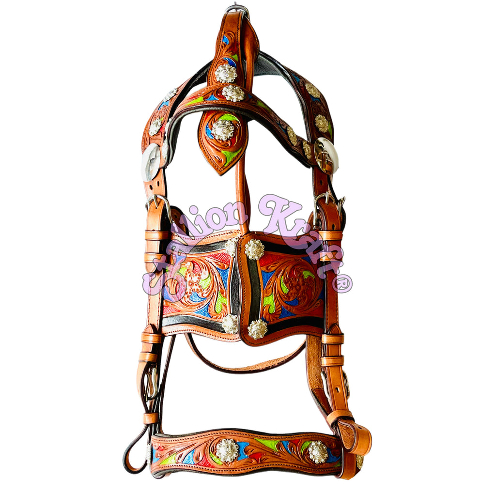 Handcrafted Full Grain Leather Tri Color Horse Driving Harness for Carriage, Buggy and Single Horse Cart Driving