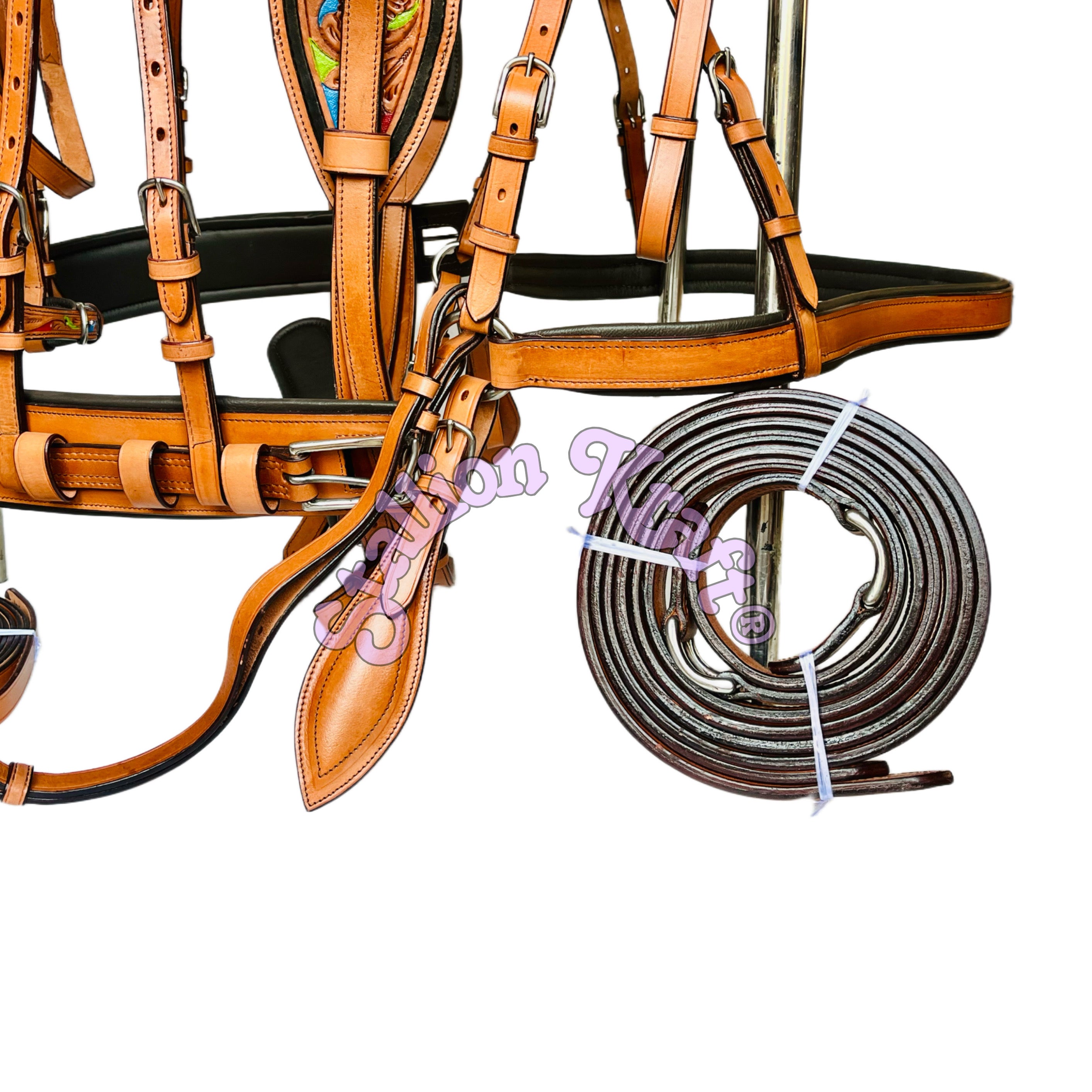 Handcrafted Full Grain Leather Tri Color Horse Driving Harness for Carriage, Buggy and Single Horse Cart Driving