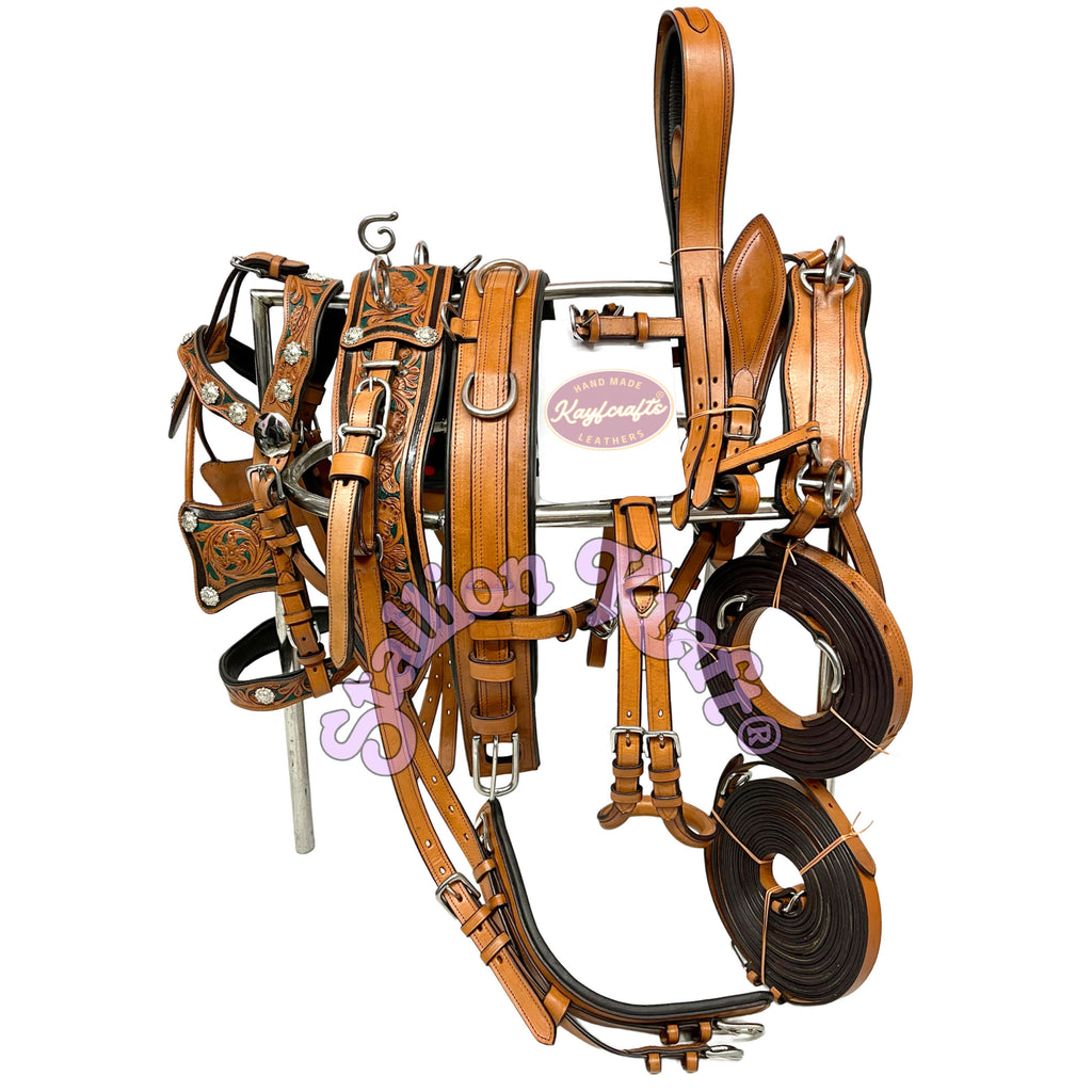 Western Style Classic Multi Tone Horse Driving Harness Natural Brown and Green Leather Carriage Harness Set
