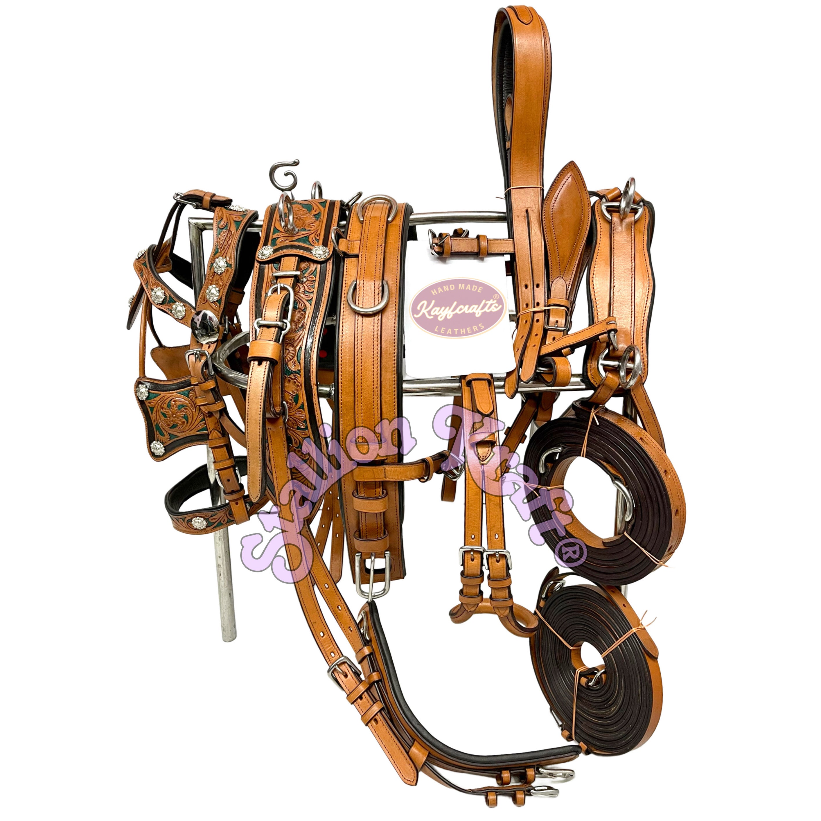 Western Style Classic Multi Tone Horse Driving Harness Natural Brown and Green Leather Carriage Harness Set