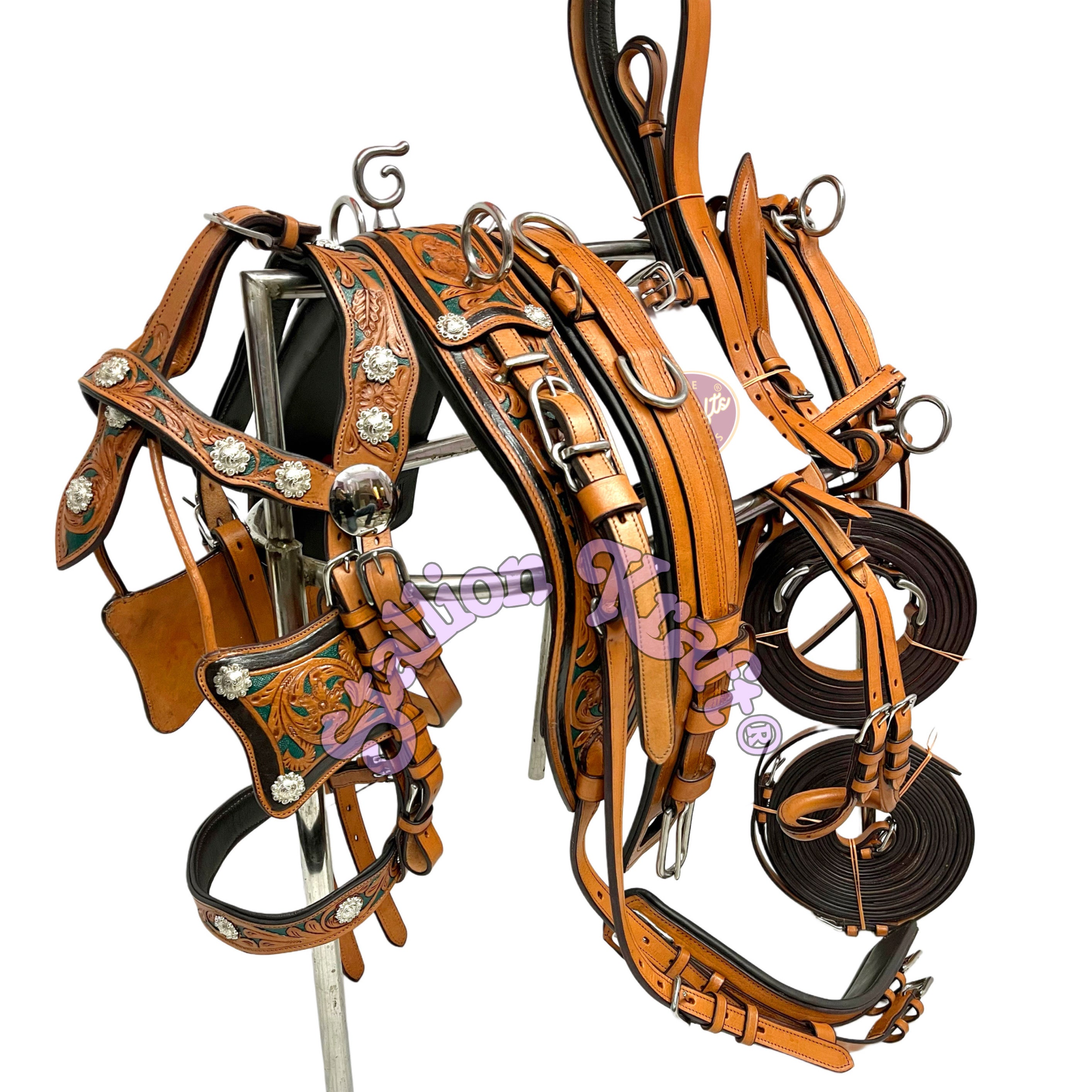 Western Style Classic Multi Tone Horse Driving Harness Natural Brown and Green Leather Carriage Harness Set
