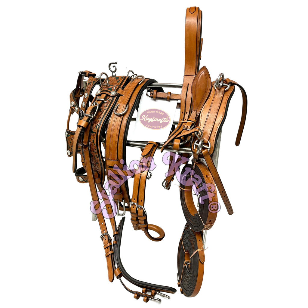 Western Style Classic Multi Tone Horse Driving Harness Natural Brown and Green Leather Carriage Harness Set