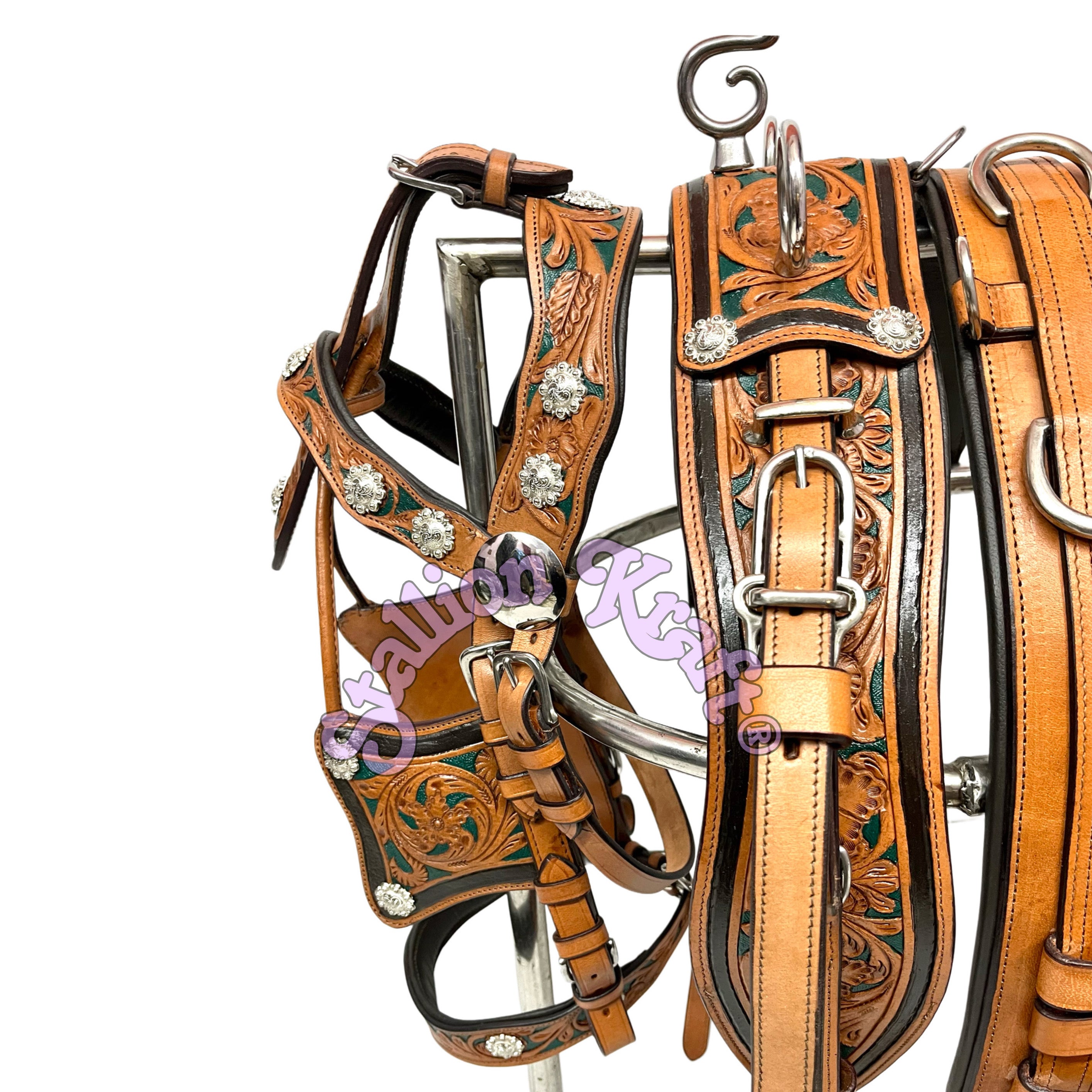 Western Style Classic Multi Tone Horse Driving Harness Natural Brown and Green Leather Carriage Harness Set