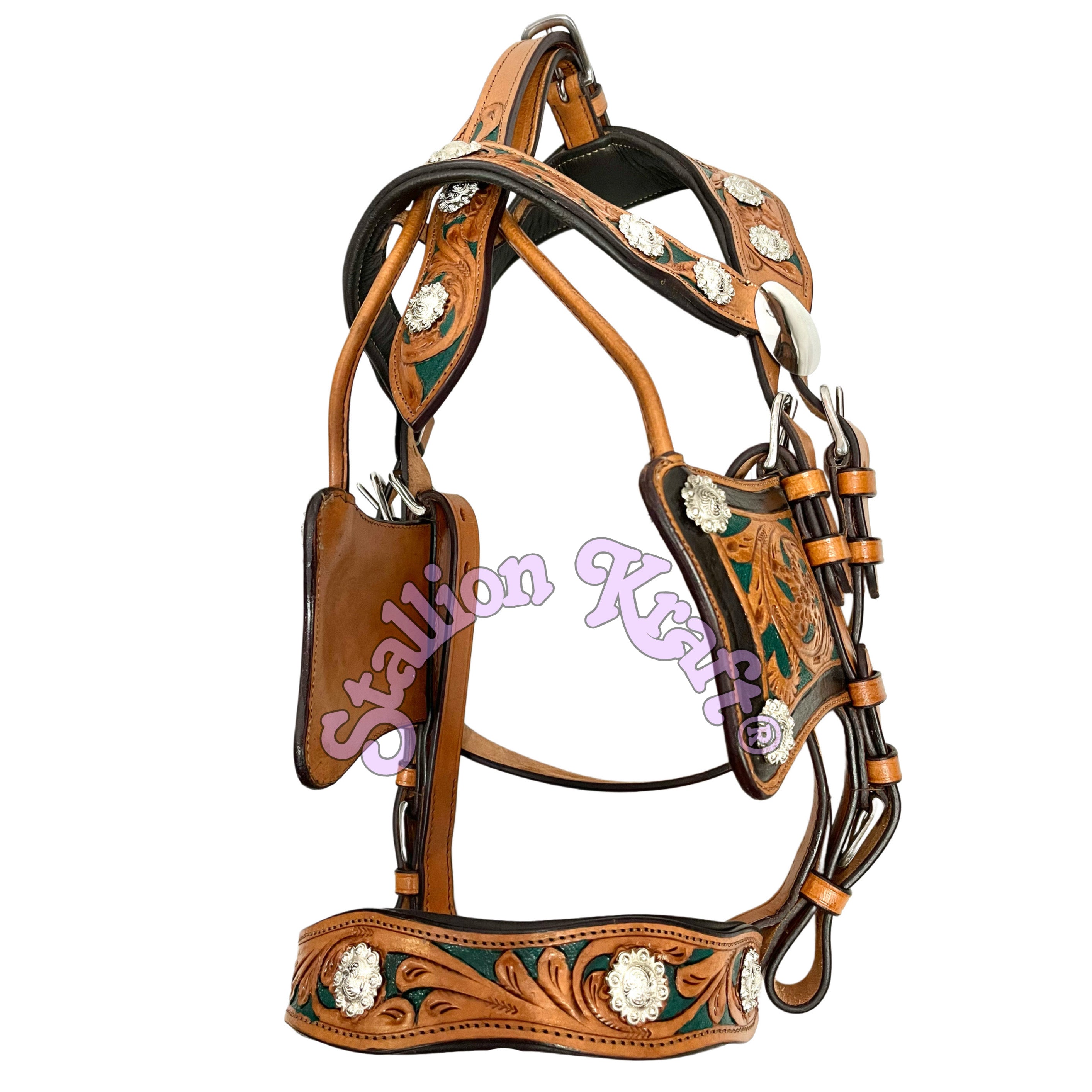 Western Style Classic Multi Tone Horse Driving Harness Natural Brown and Green Leather Carriage Harness Set