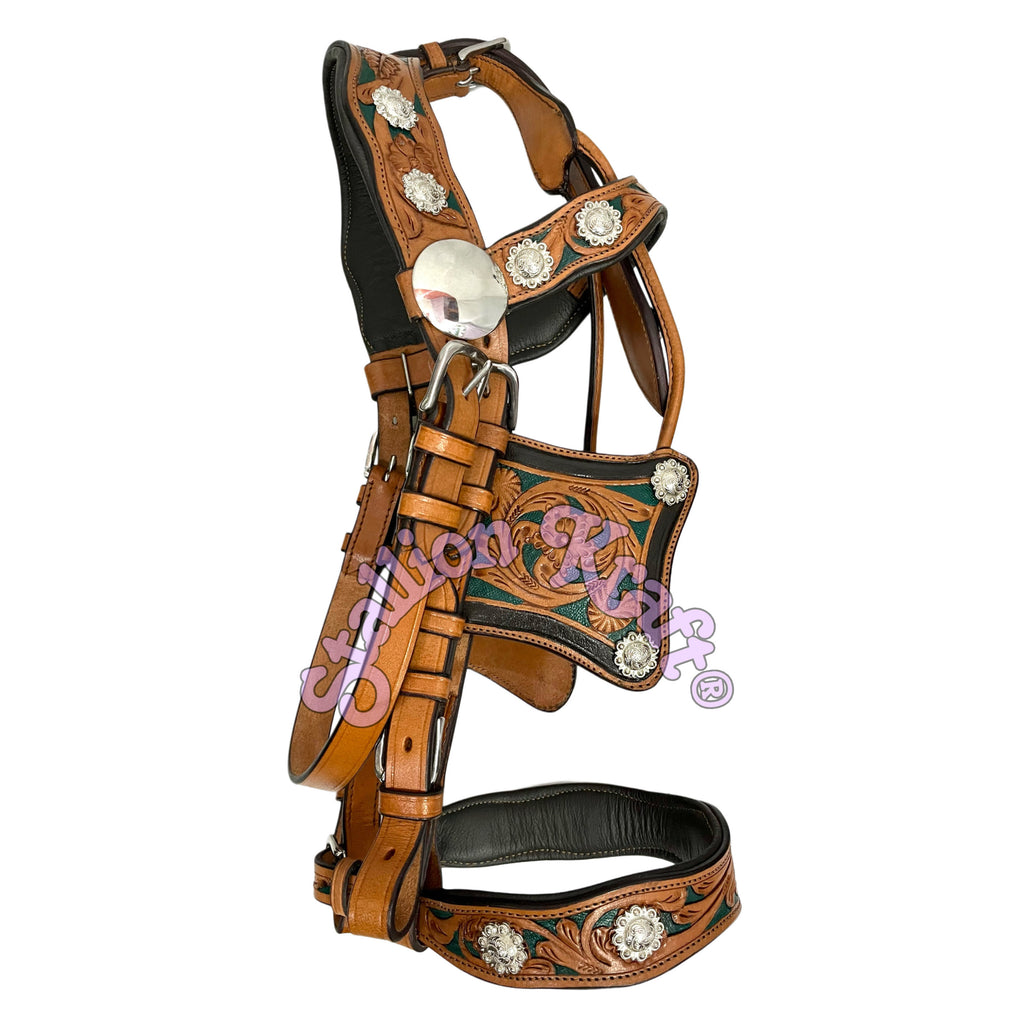 Western Style Classic Multi Tone Horse Driving Harness Natural Brown and Green Leather Carriage Harness Set