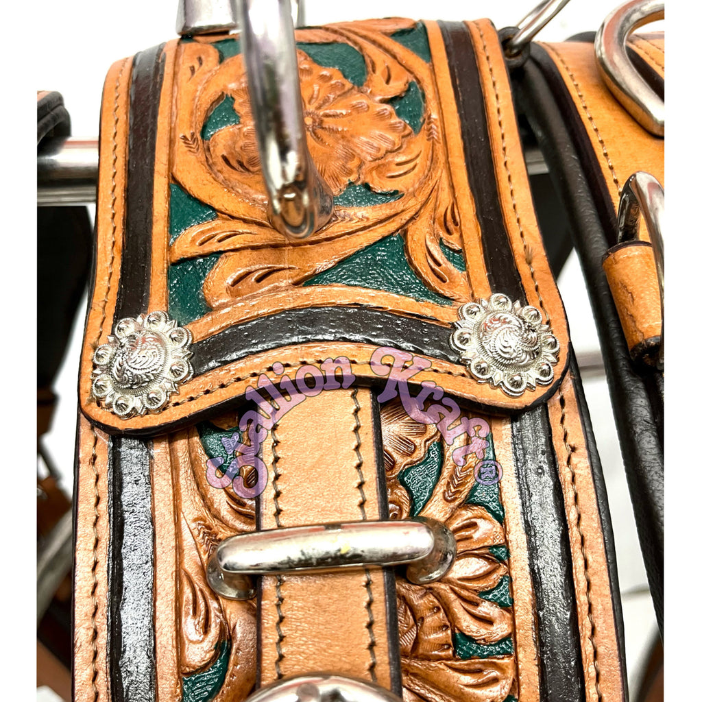 Western Style Classic Multi Tone Horse Driving Harness Natural Brown and Green Leather Carriage Harness Set