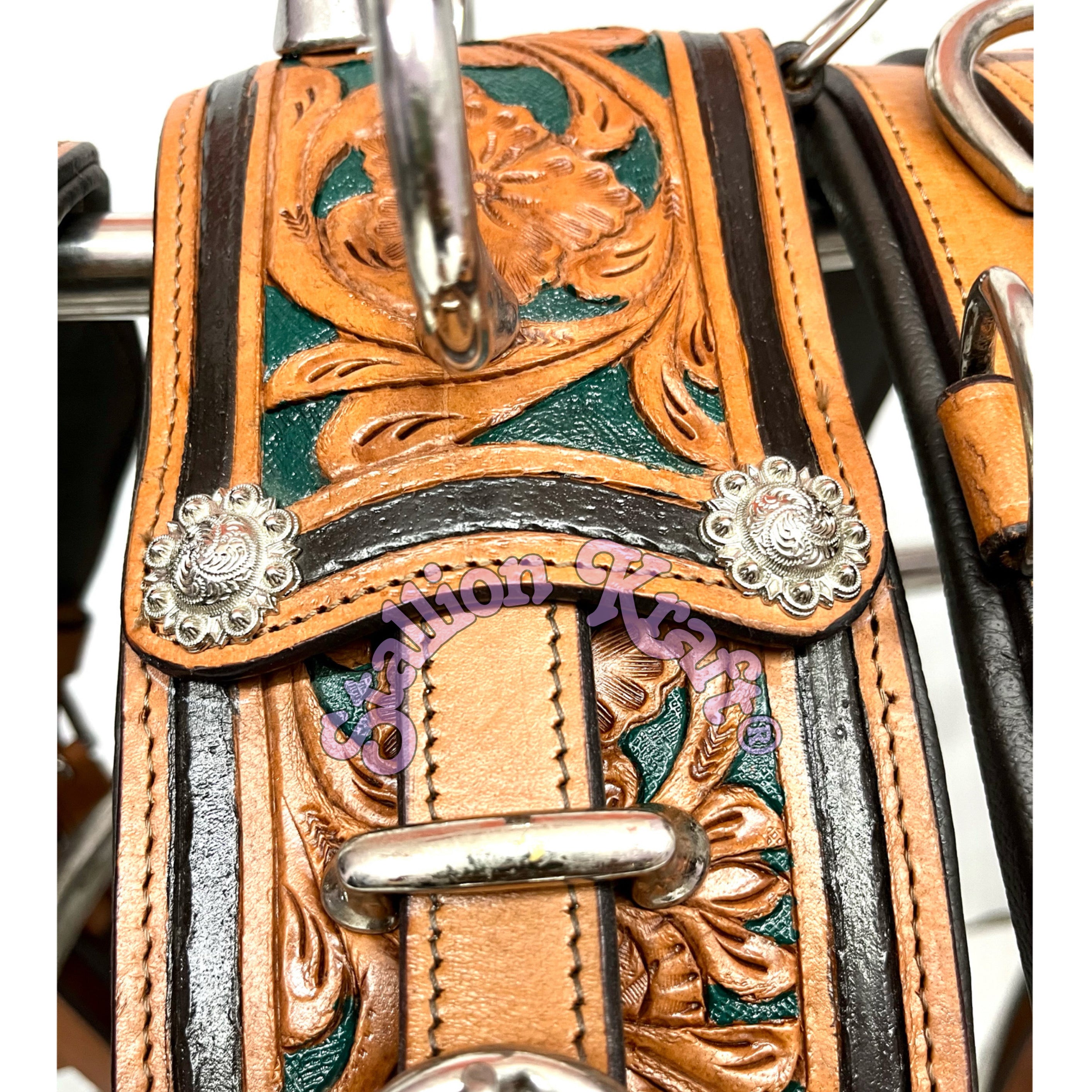 Western Style Classic Multi Tone Horse Driving Harness Natural Brown and Green Leather Carriage Harness Set