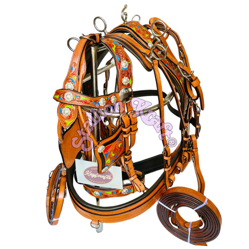 Handcrafted Full Grain Leather Tri Color Horse Driving Harness for Carriage, Buggy and Single Horse Cart Driving