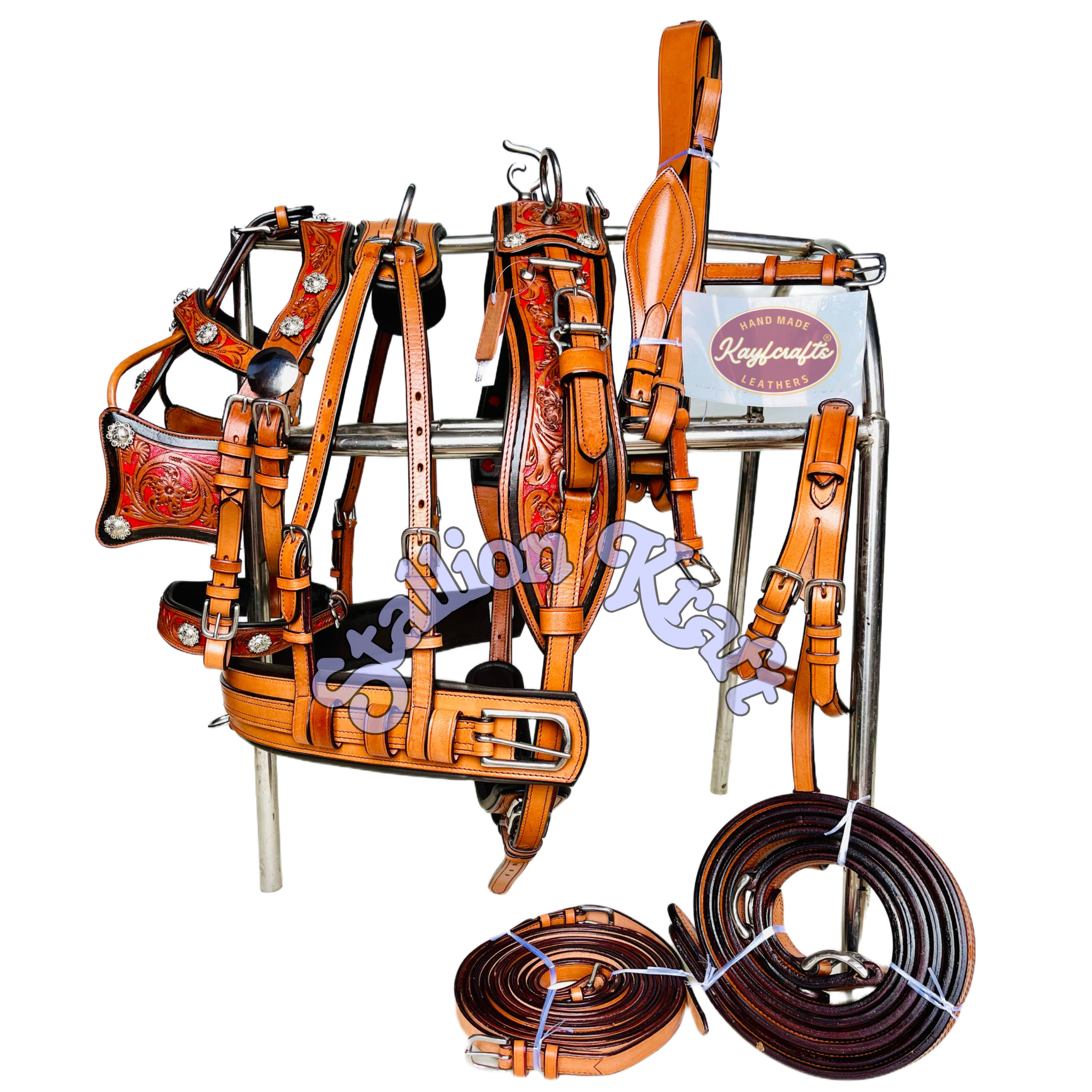 Multi Tone brown, natural and red full grain genuine leather harness set