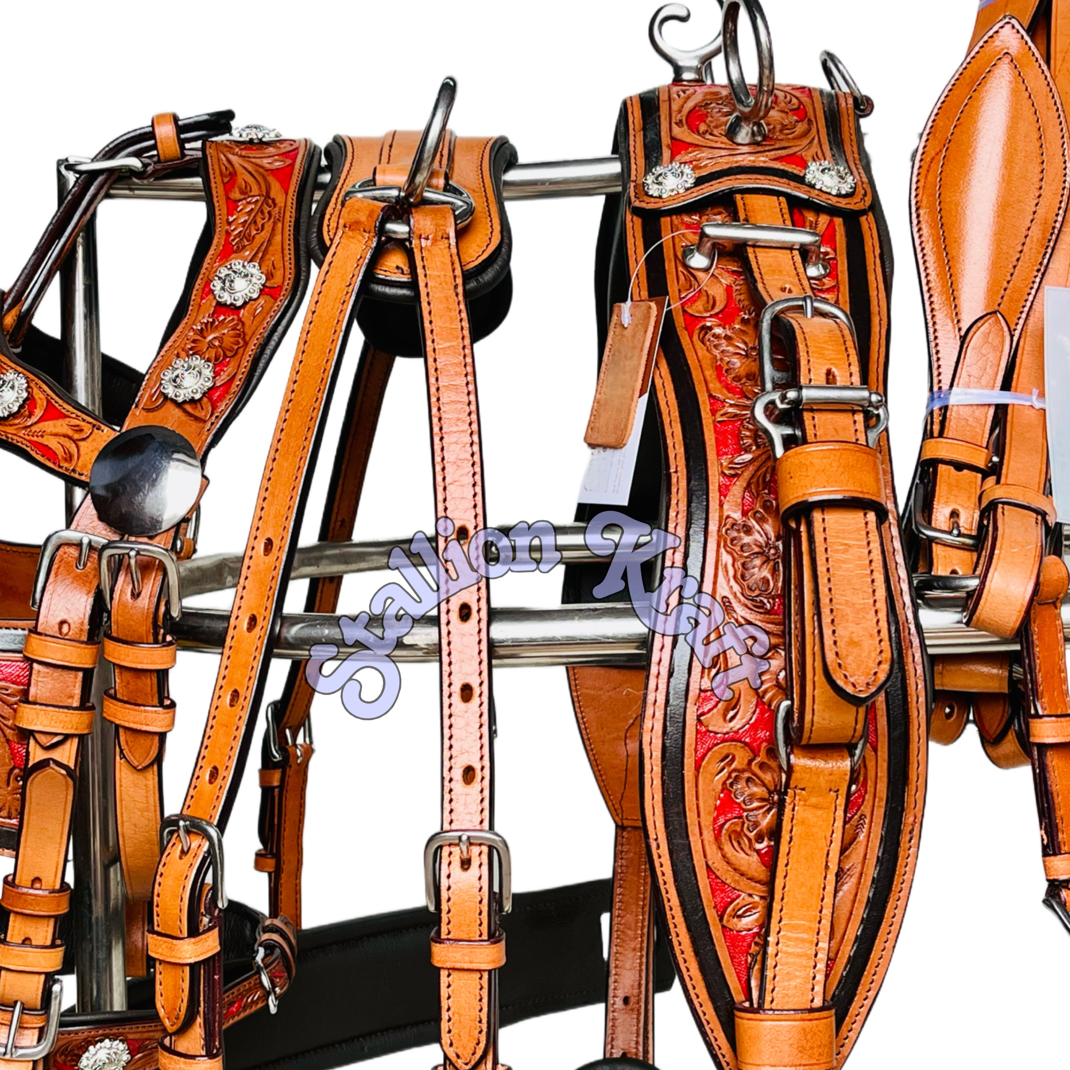 Natural Brown & Red Tri-Color Horse Driving Harness  Handcrafted Full Grain Leather for Carriage & Buggy Driving