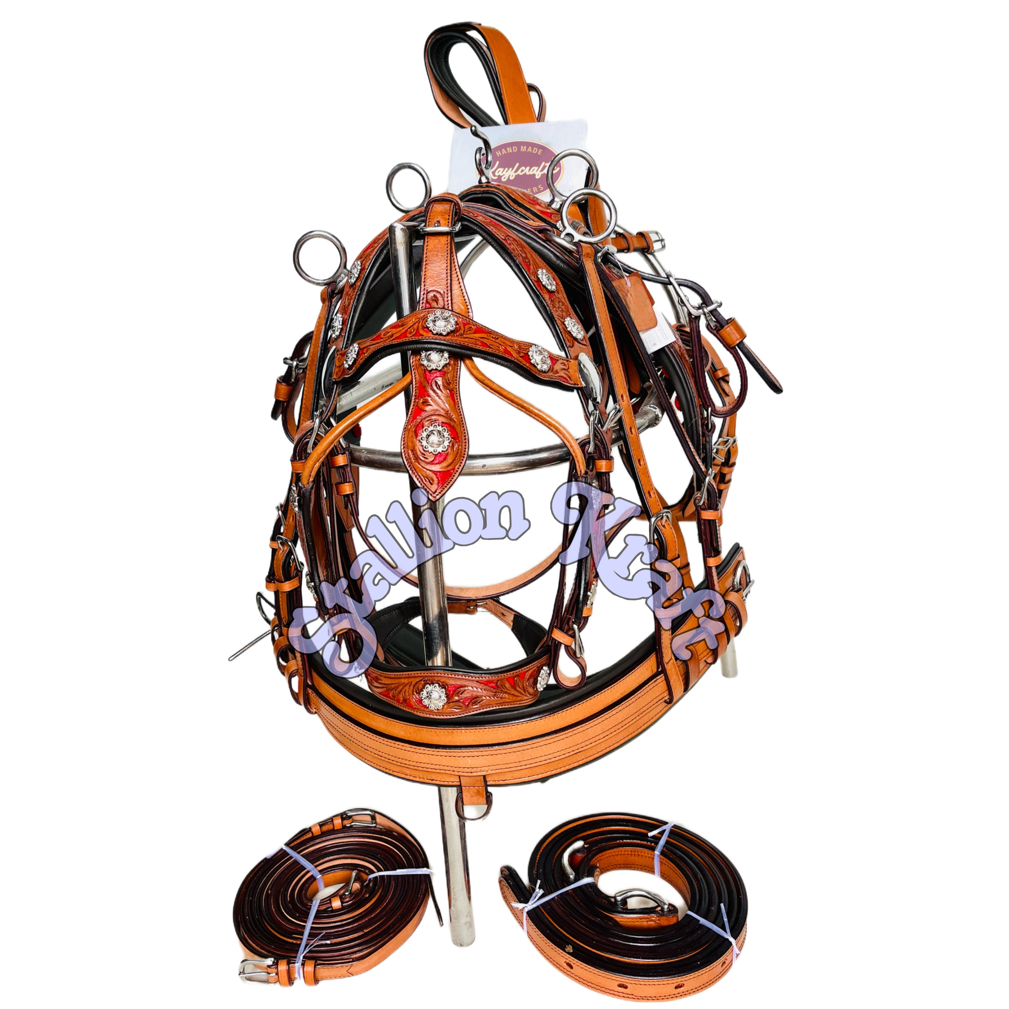 Natural Brown & Red Tri-Color Horse Driving Harness  Handcrafted Full Grain Leather for Carriage & Buggy Driving