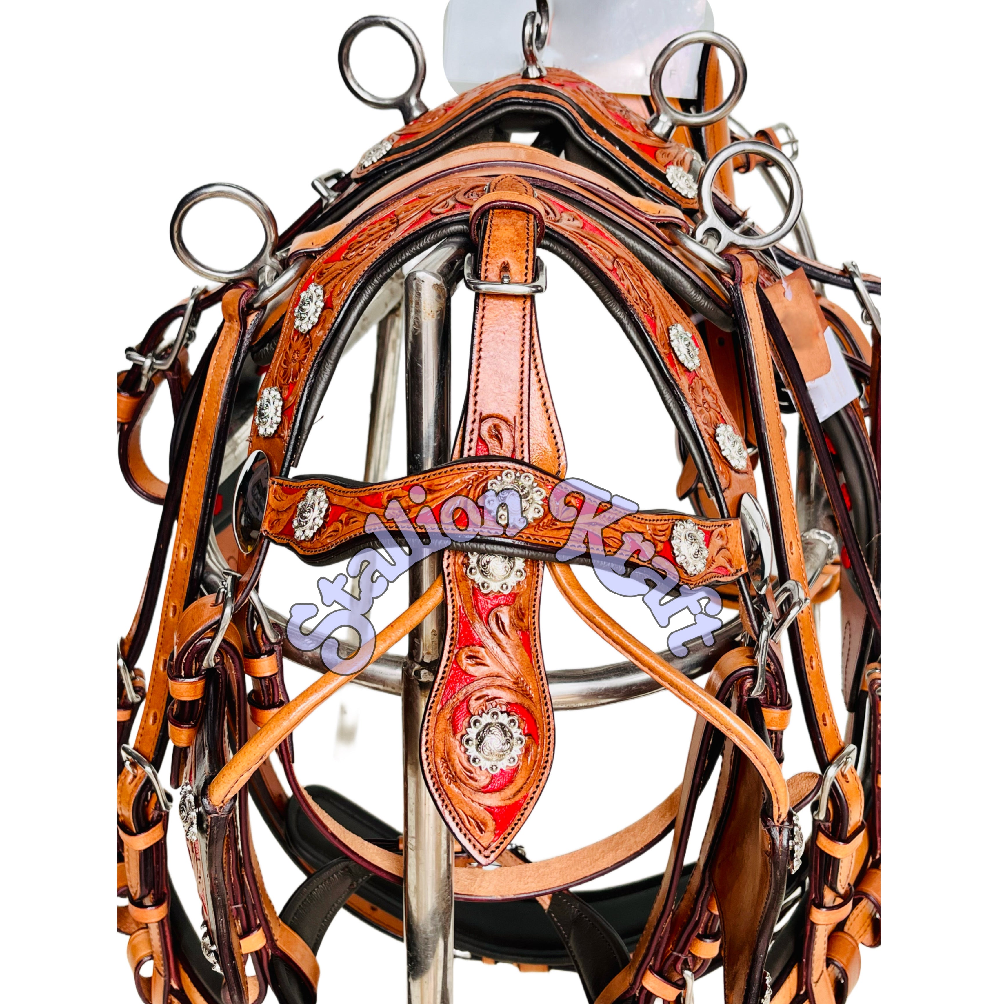 Natural Brown & Red Tri-Color Horse Driving Harness  Handcrafted Full Grain Leather for Carriage & Buggy Driving