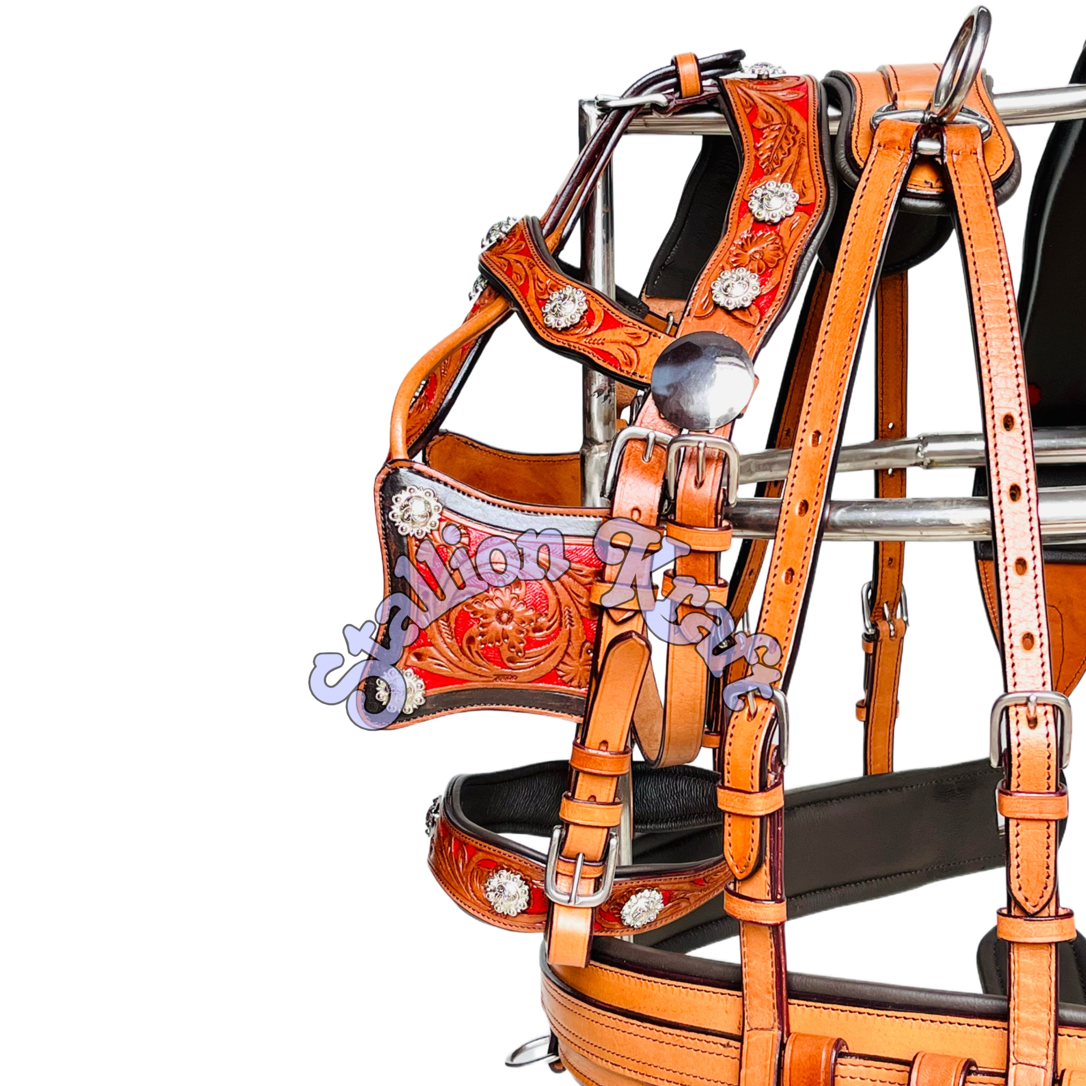 Natural Brown & Red Tri-Color Horse Driving Harness  Handcrafted Full Grain Leather for Carriage & Buggy Driving