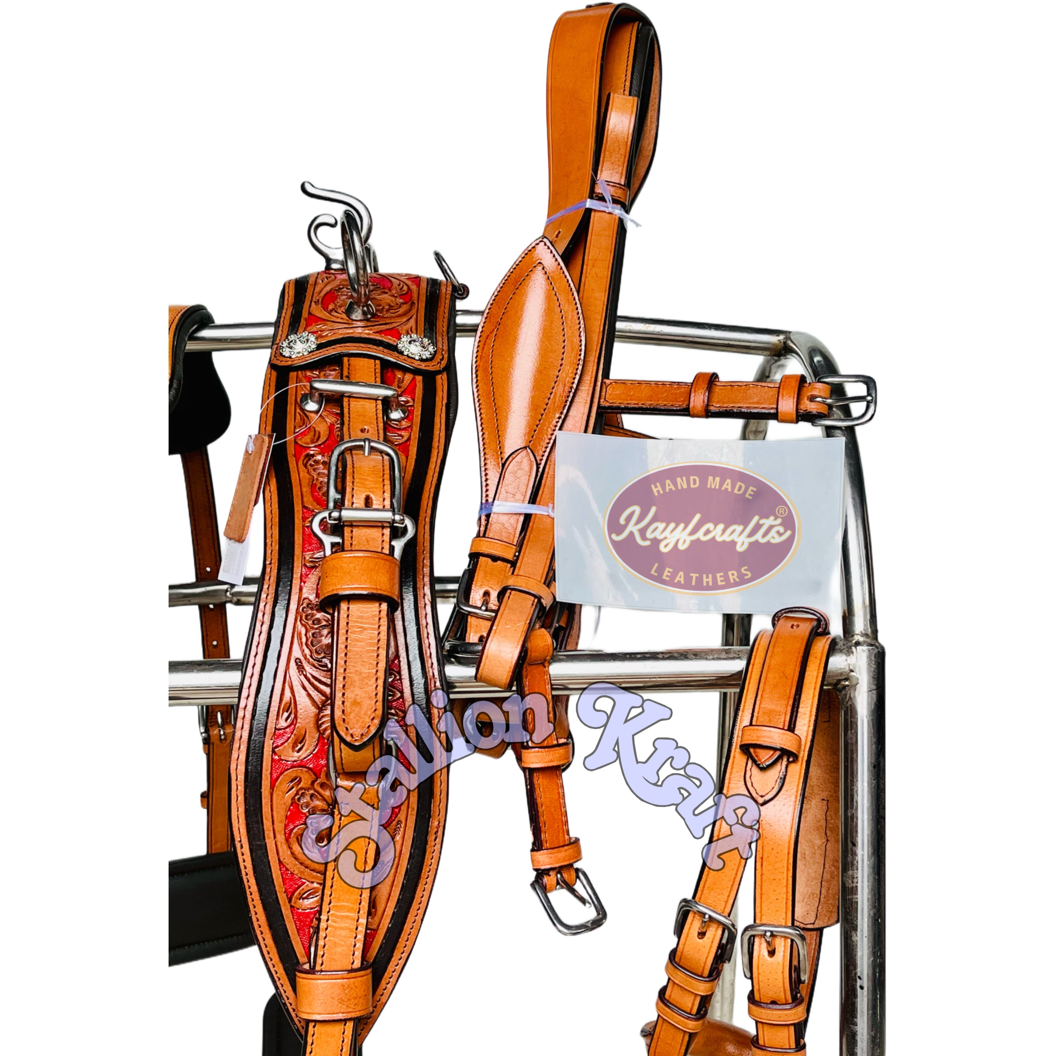 Natural Brown & Red Tri-Color Horse Driving Harness  Handcrafted Full Grain Leather for Carriage & Buggy Driving