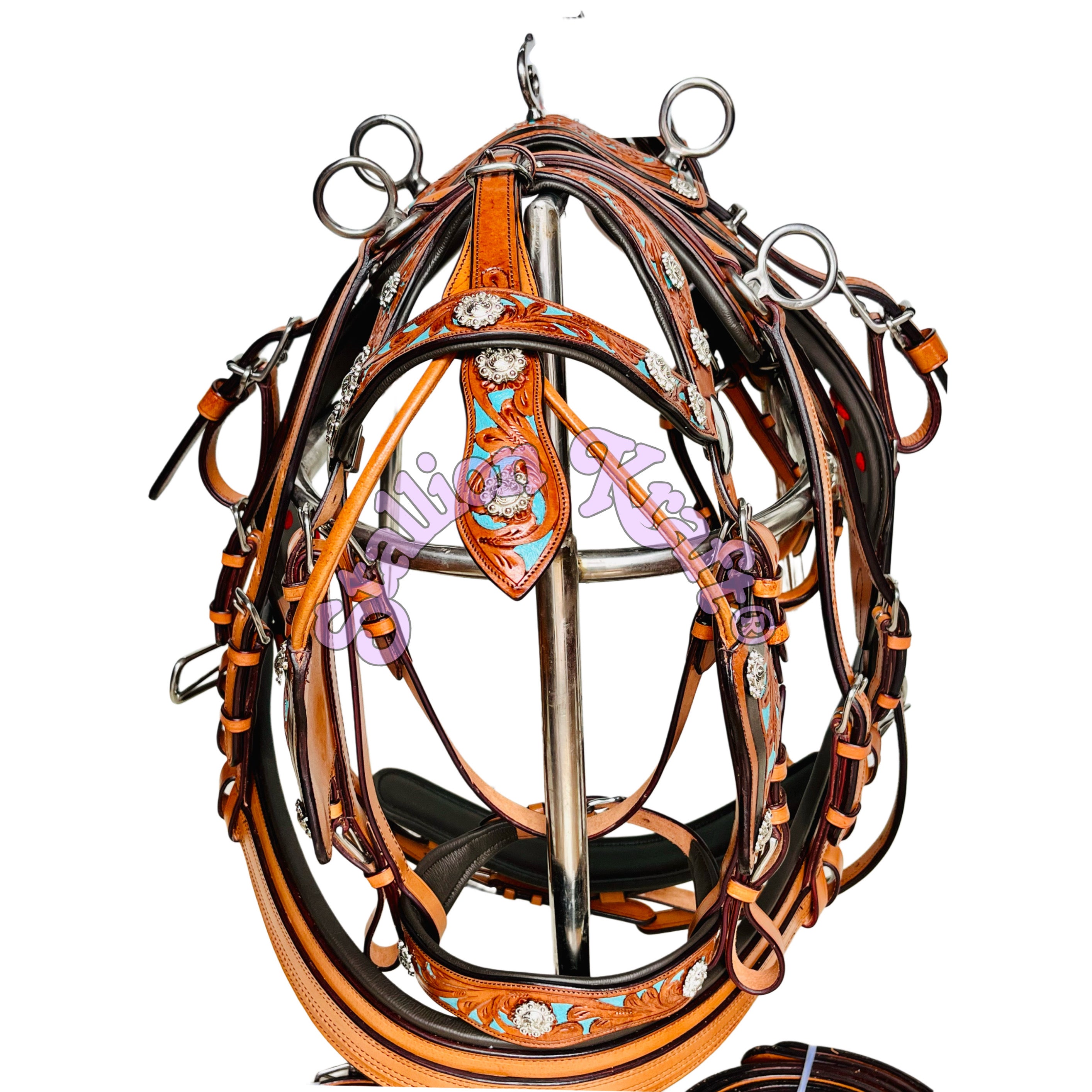 Full Grain Leather 3 Tone Horse Driving Harness  Natural, Brown and Turquoise Blue