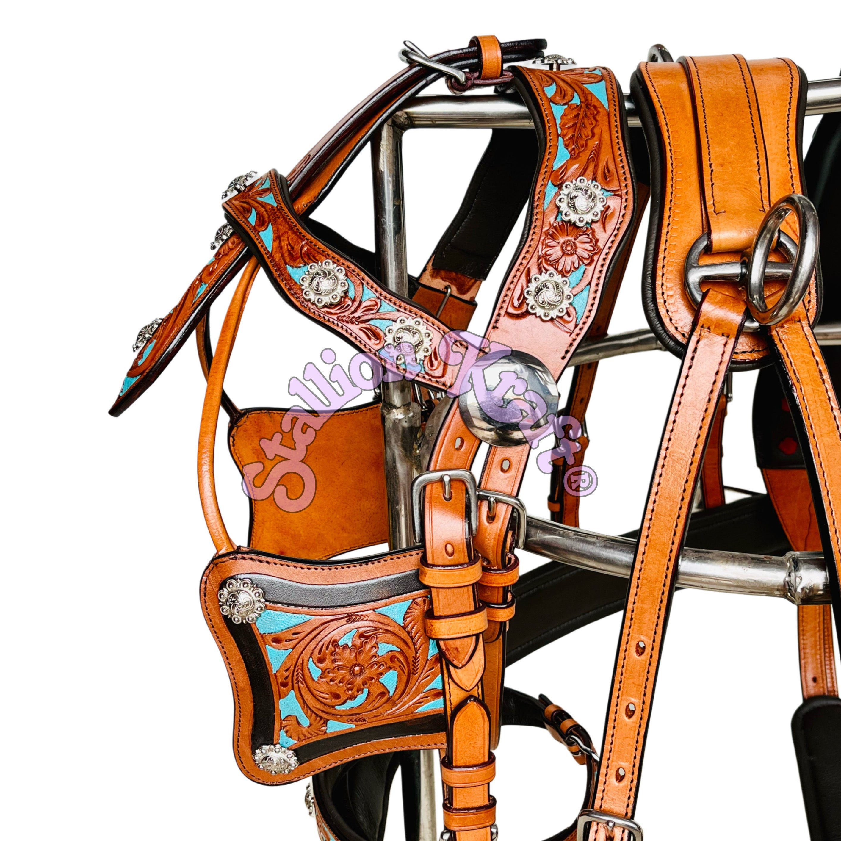 Full Grain Leather 3 Tone Horse Driving Harness  Natural, Brown and Turquoise Blue