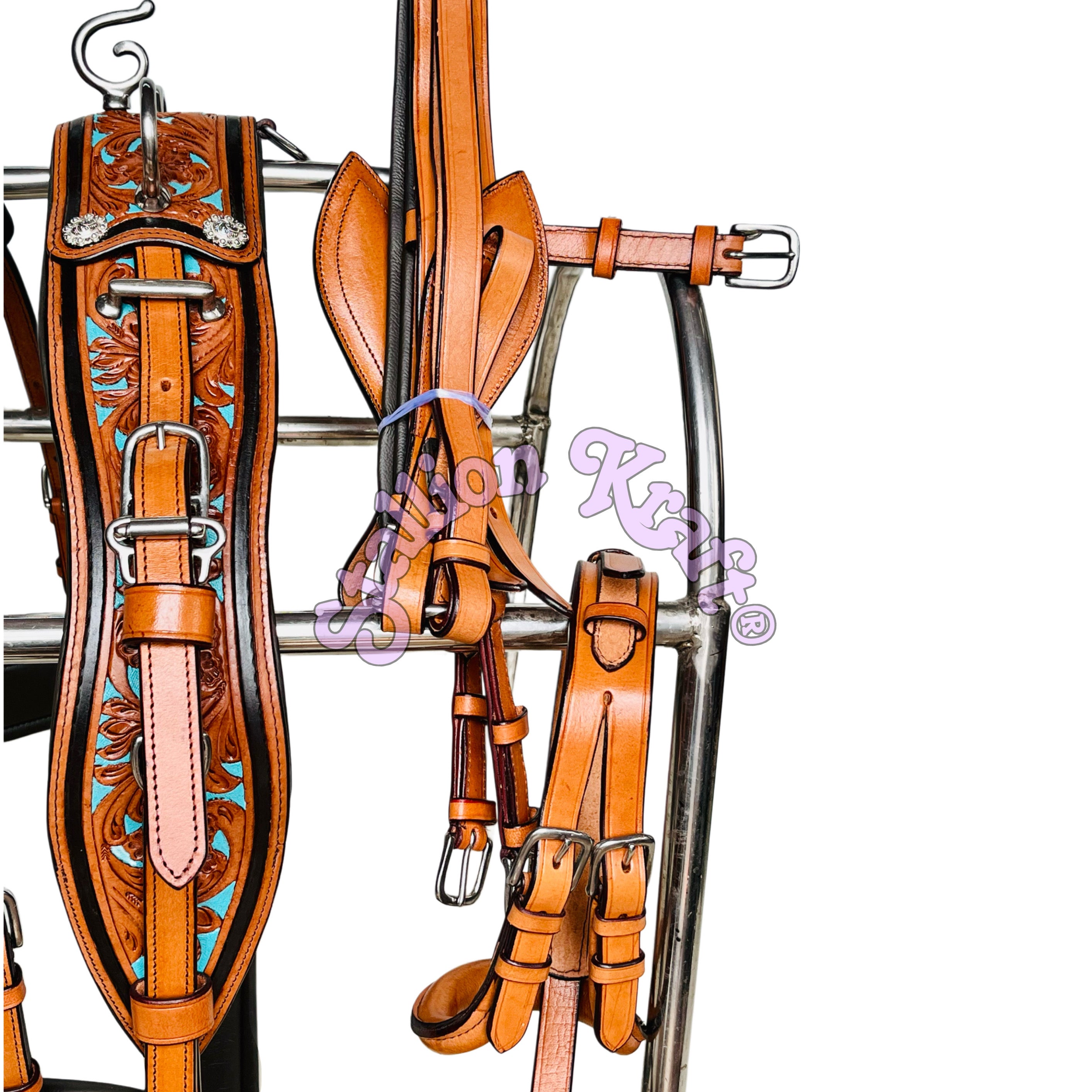 Full Grain Leather 3 Tone Horse Driving Harness  Natural, Brown and Turquoise Blue