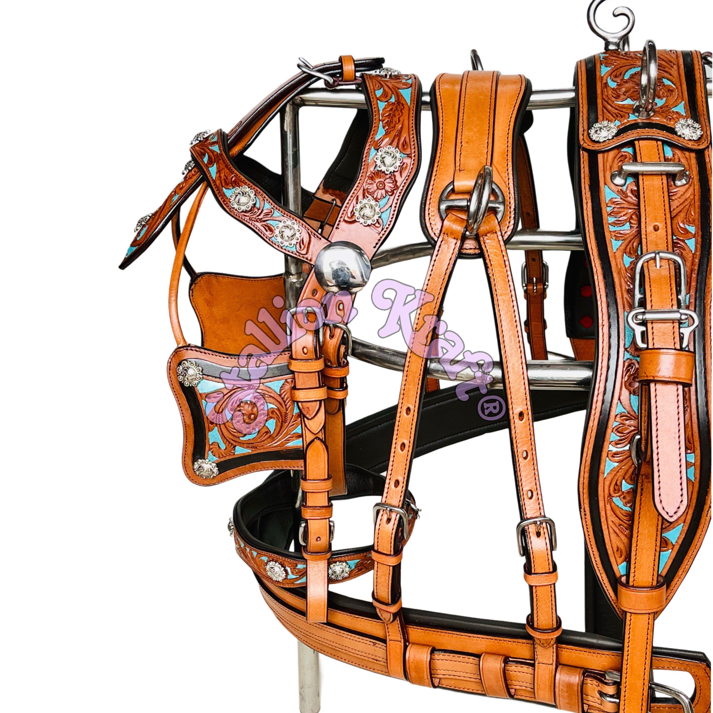 Full Grain Leather 3 Tone Horse Driving Harness  Natural, Brown and Turquoise Blue