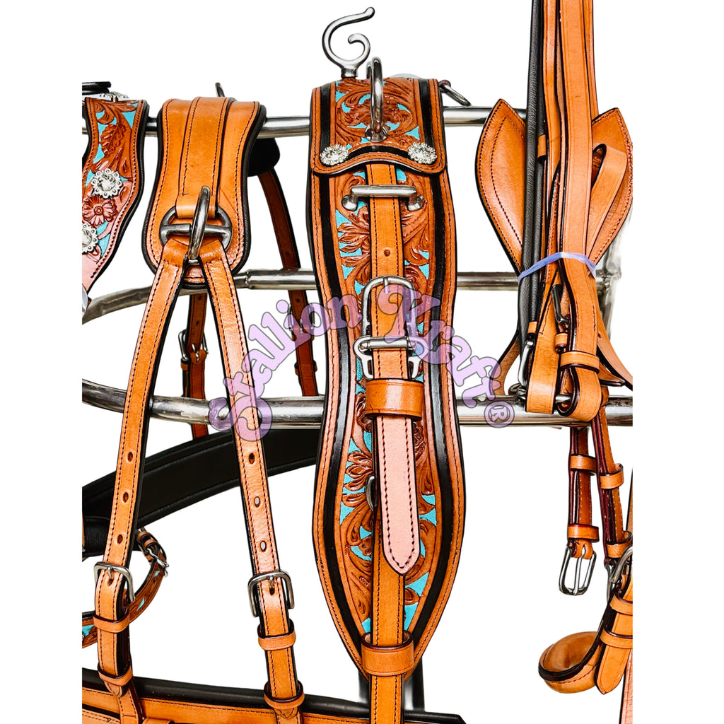 Full Grain Leather 3 Tone Horse Driving Harness  Natural, Brown and Turquoise Blue