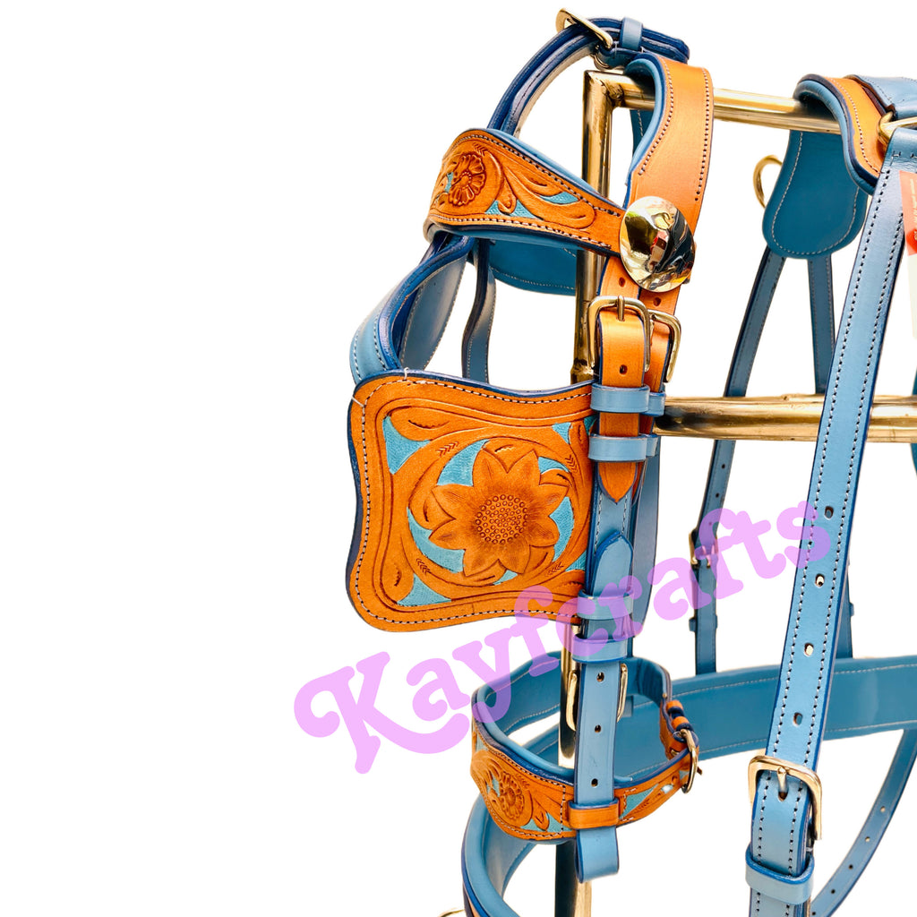 Blue & Natural Leather Single Horse Driving Harness Set – Soft Cushioned Padding