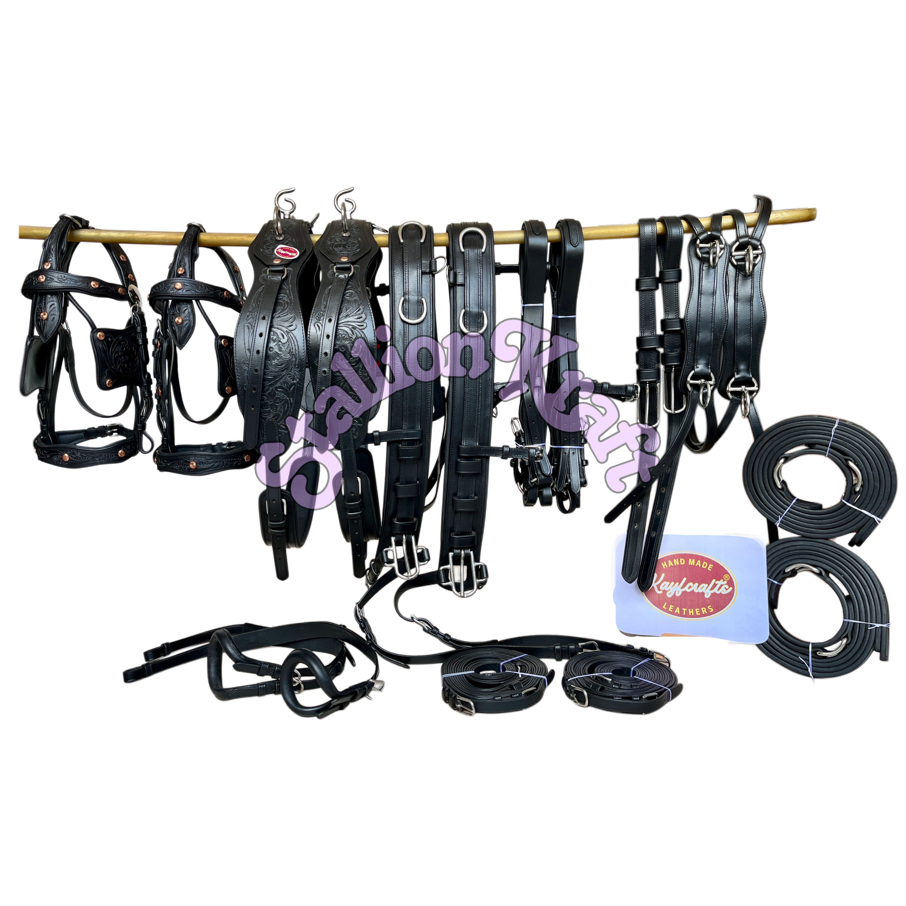 Premium Full Grain Black Leather Team Horse Driving Harness  Dual Horse Carriage Harness with Anatomical French Collar
