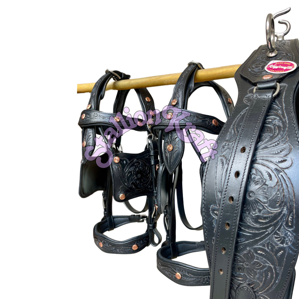Premium Full Grain Black Leather Team Horse Driving Harness  Dual Horse Carriage Harness with Anatomical French Collar