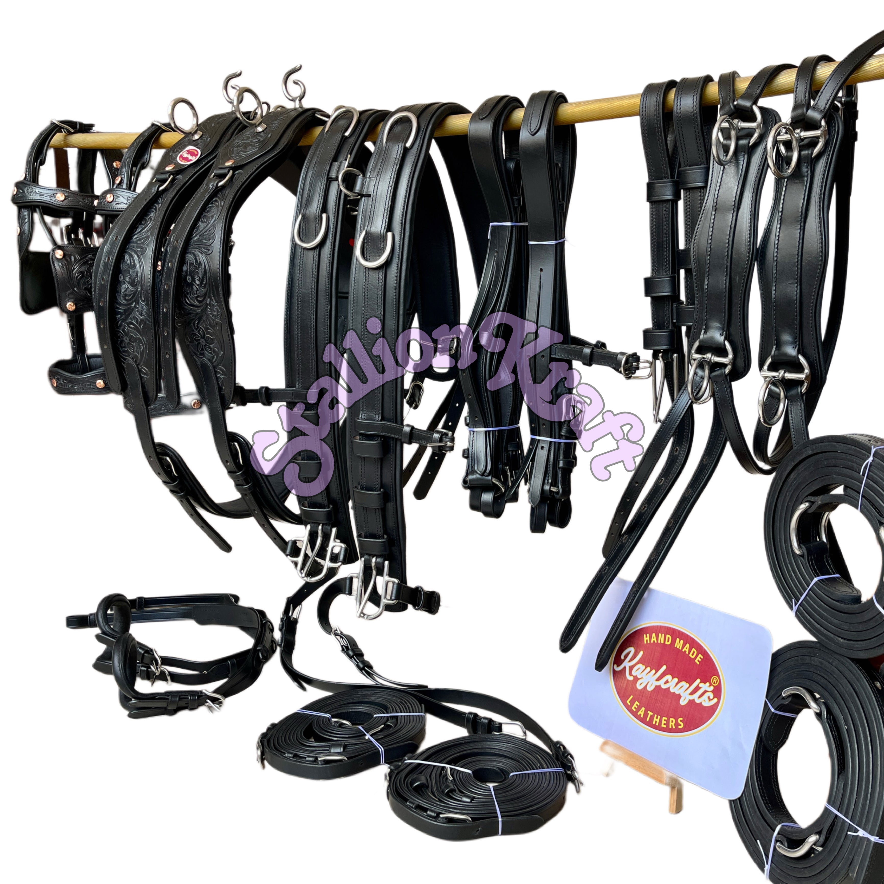 Premium Full Grain Black Leather Team Horse Driving Harness  Dual Horse Carriage Harness with Anatomical French Collar