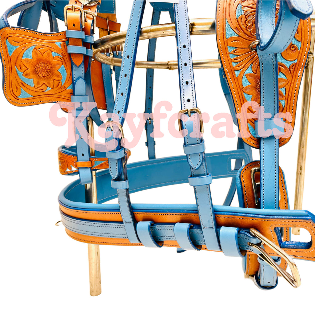 Blue & Natural Leather Single Horse Driving Harness Set – Soft Cushioned Padding