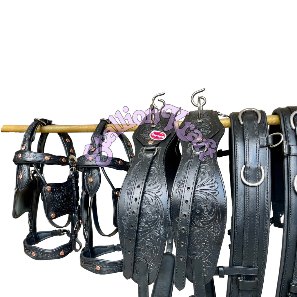 Premium Full Grain Black Leather Team Horse Driving Harness  Dual Horse Carriage Harness with Anatomical French Collar