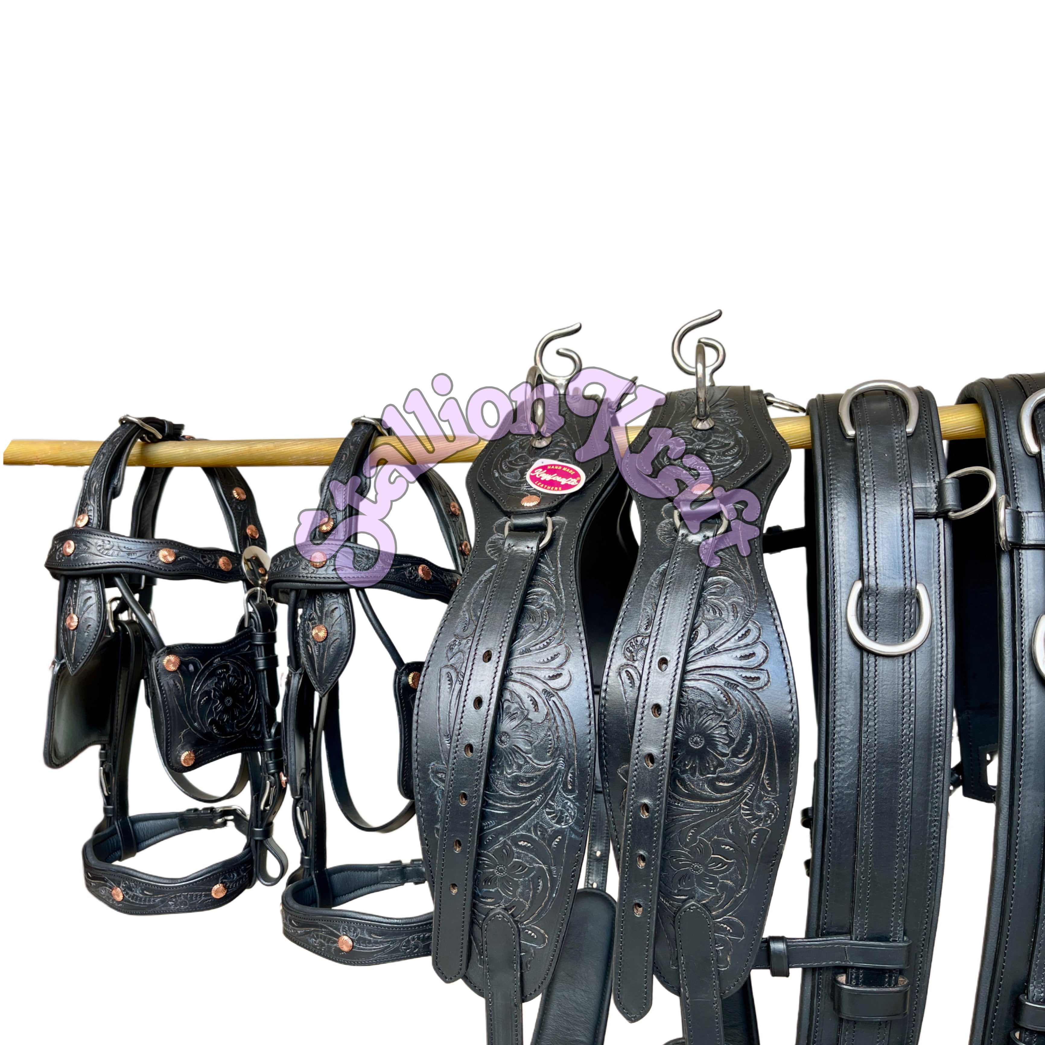 Premium Full Grain Black Leather Team Horse Driving Harness  Dual Horse Carriage Harness with Anatomical French Collar