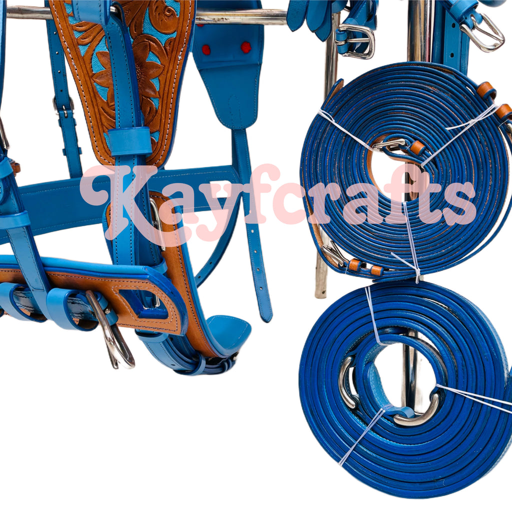Blue & Natural Leather Single Horse Driving Harness Set – Soft Cushioned Padding