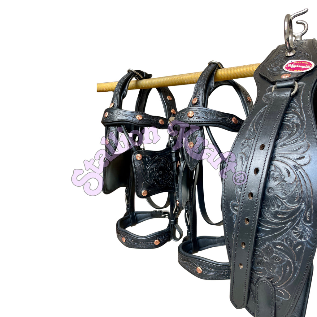 Team Pair Carriage Harness Full Grain Oiled Black Leather Horse Driving Harness