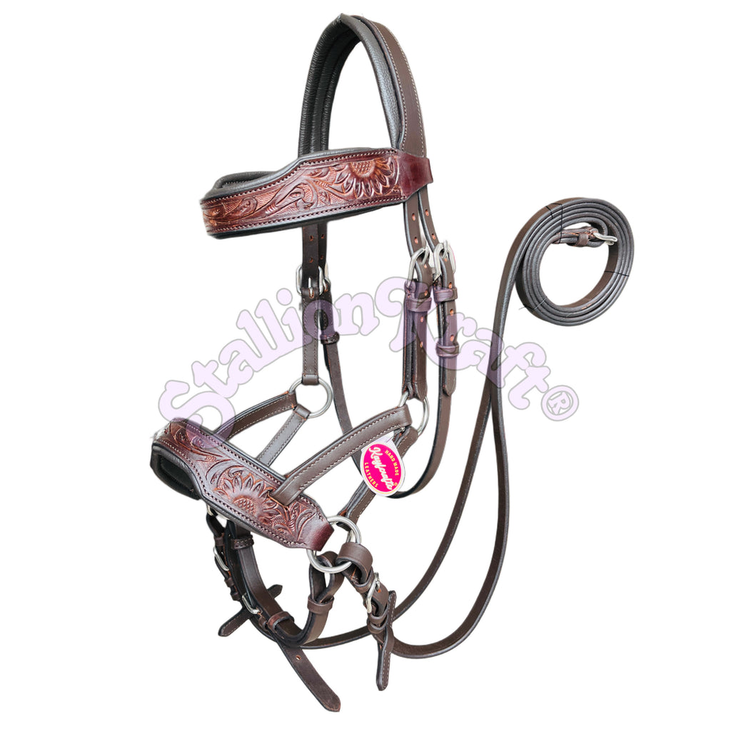 Antique Dark Brown Leather Sidepull Bitless Bridle  Hand Tooled Full Grain Leather with Matching Reins
