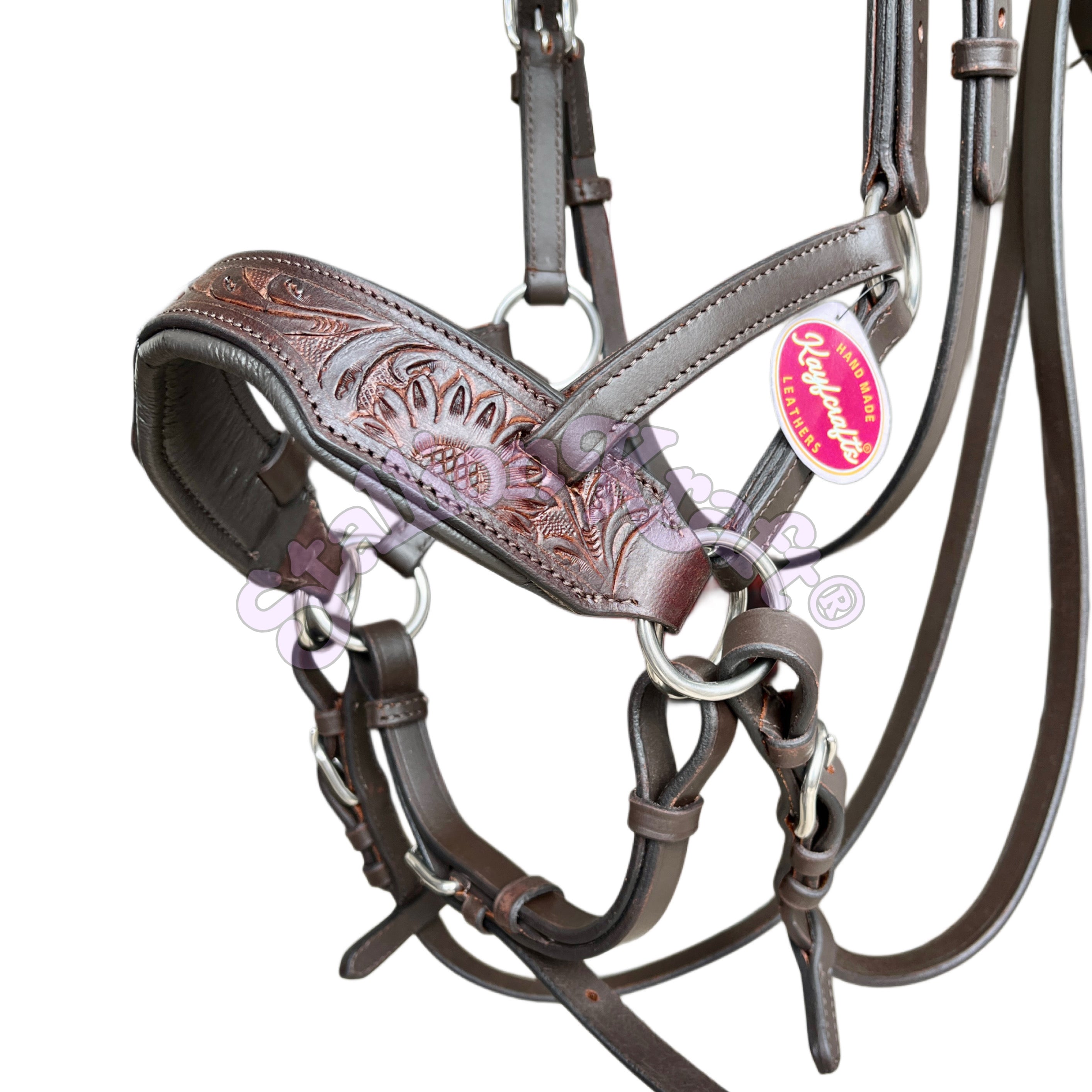 Antique Dark Brown Leather Sidepull Bitless Bridle  Hand Tooled Full Grain Leather with Matching Reins