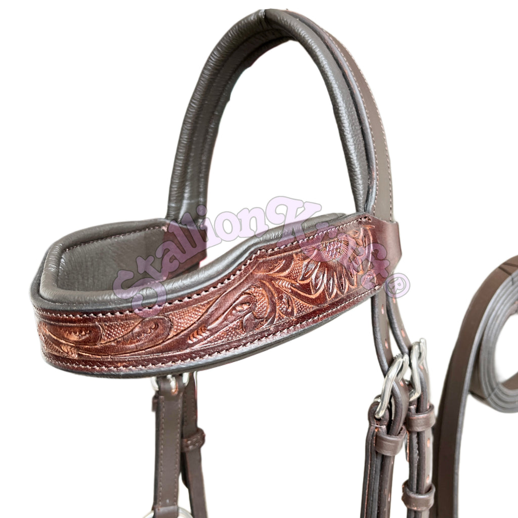 Antique Dark Brown Leather Sidepull Bitless Bridle  Hand Tooled Full Grain Leather with Matching Reins