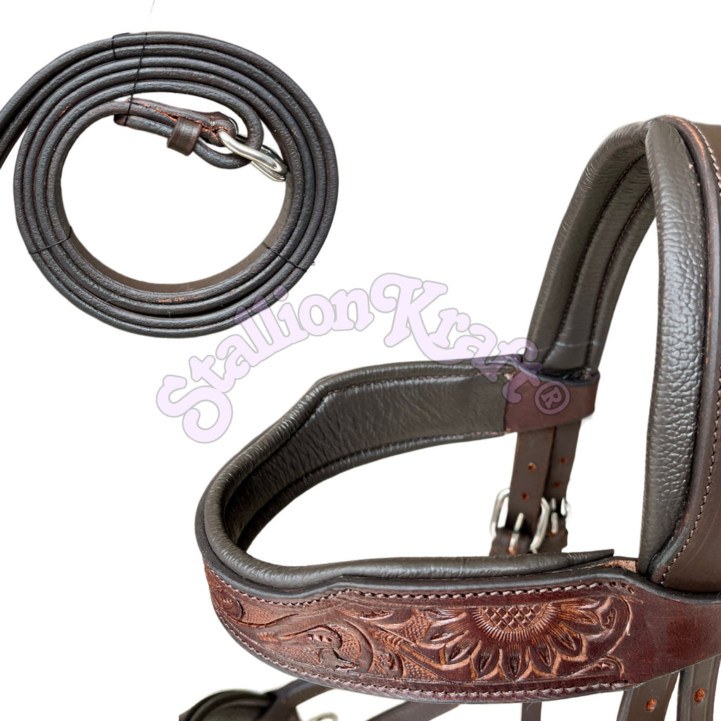 Antique Dark Brown Leather Sidepull Bitless Bridle  Hand Tooled Full Grain Leather with Matching Reins