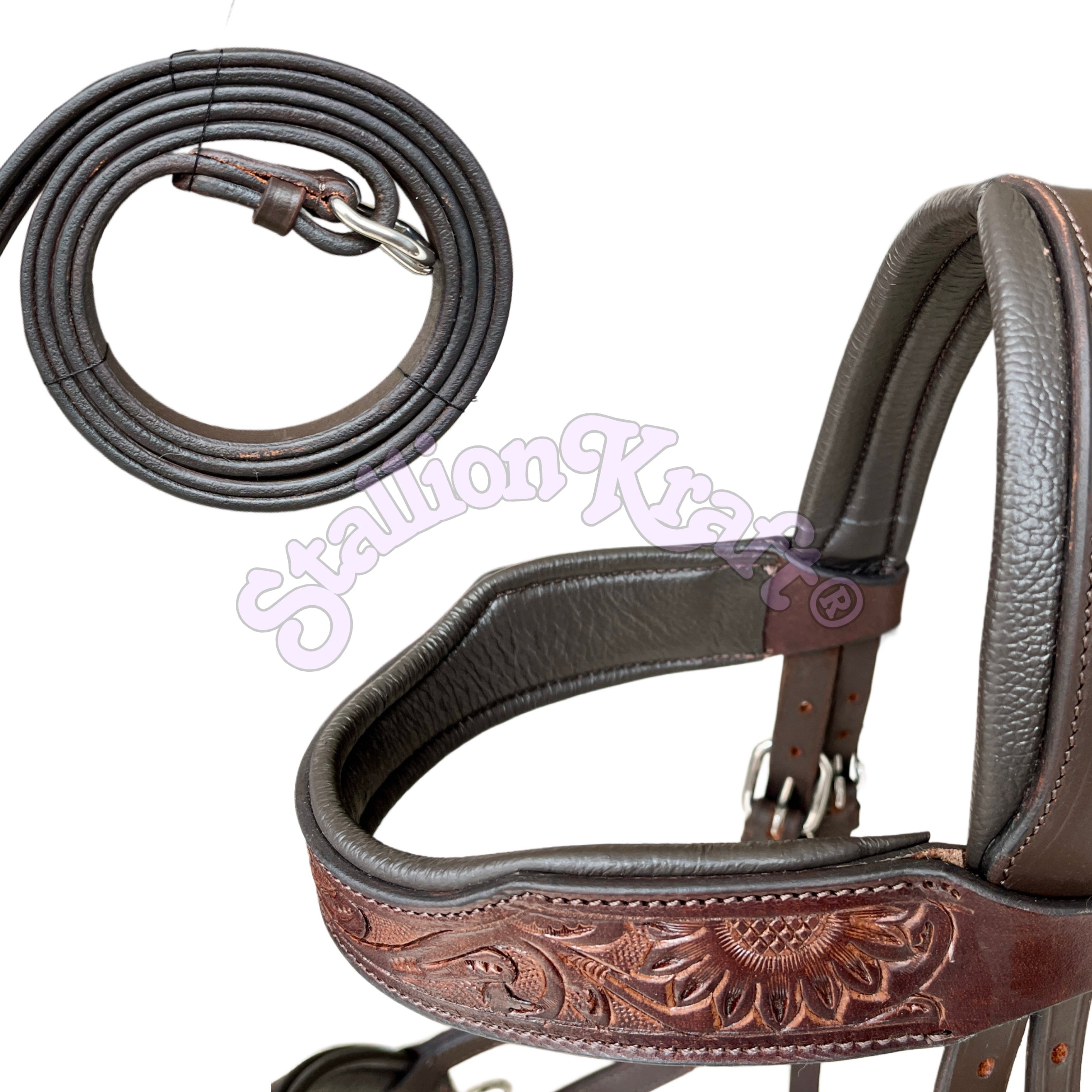 Antique Dark Brown Leather Sidepull Bitless Bridle  Hand Tooled Full Grain Leather with Matching Reins